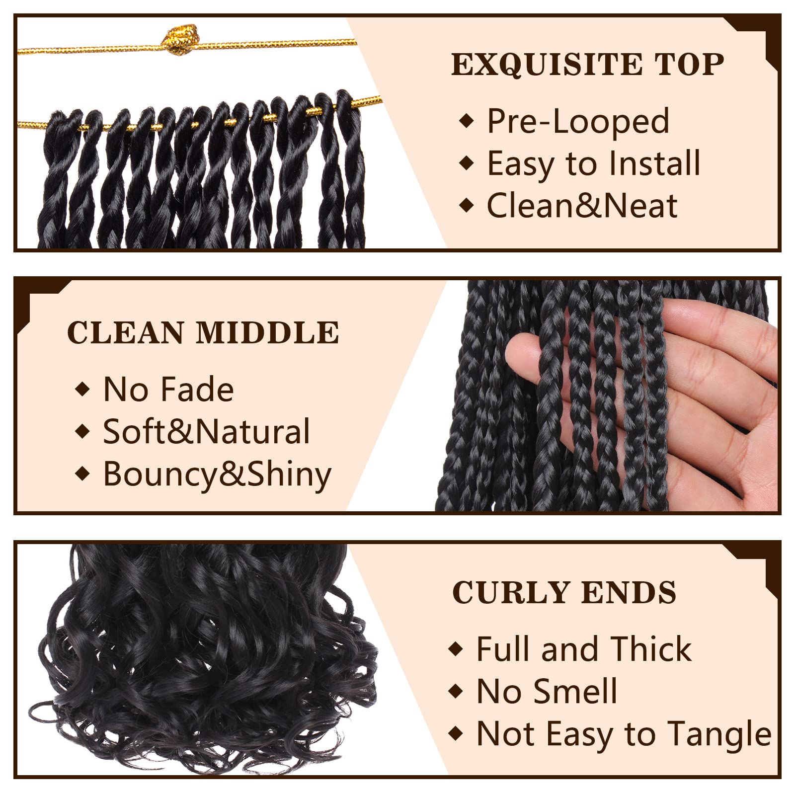 COOKOO 18 Inch 9 Pack Pre Looped French Curly Box Braids Crochet Hair Natural Black French Curl Braiding Hair with Curly Wavy En