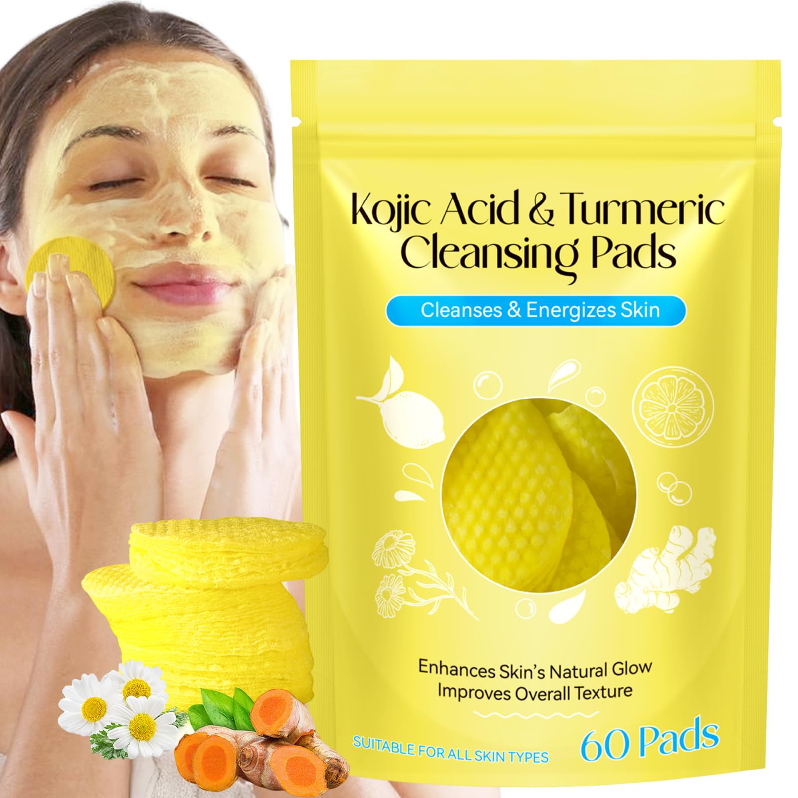 Kojic Acid And Turmeric Cleansing Pads,Turmeric Cleansing Pads, Face Turmeric Kojic Acid Pads, Helps Balance Skin Oil And Water,