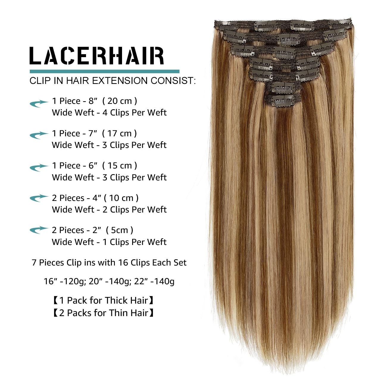 Lacer 14 Inch Natural Human Hair Clip In Extensions Color P#4/12 Chocolate Brown Lowlight Light Golden Brown Mixed With Soft Sil