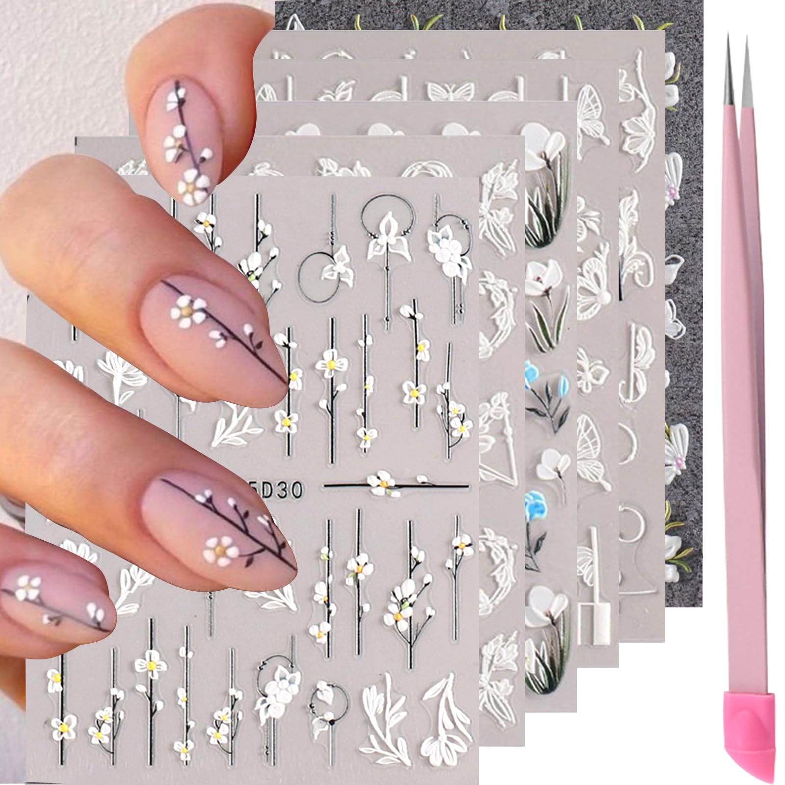 VOTACOS Flower Nail Stickers for Nail Art 5D Embossed Engraved Nail Decals 3D Spring Summer Nail Supplies Accessories White Blue