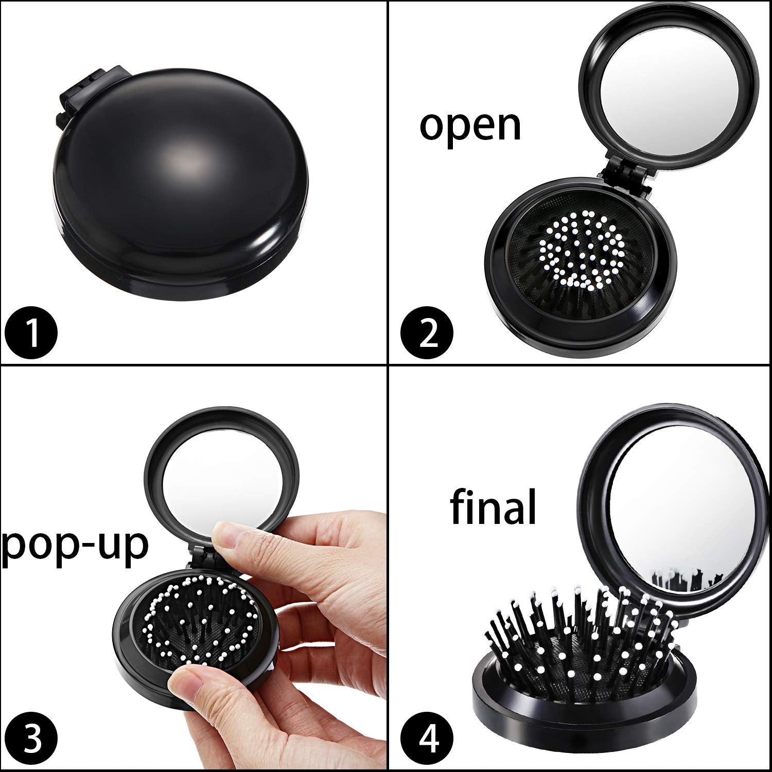 2 Pack Foldable Travel Mirror Hair Brushes Round Portable Folding Pocket Hair Brush Mini Hair Comb Compact Travel Size Hair Mass