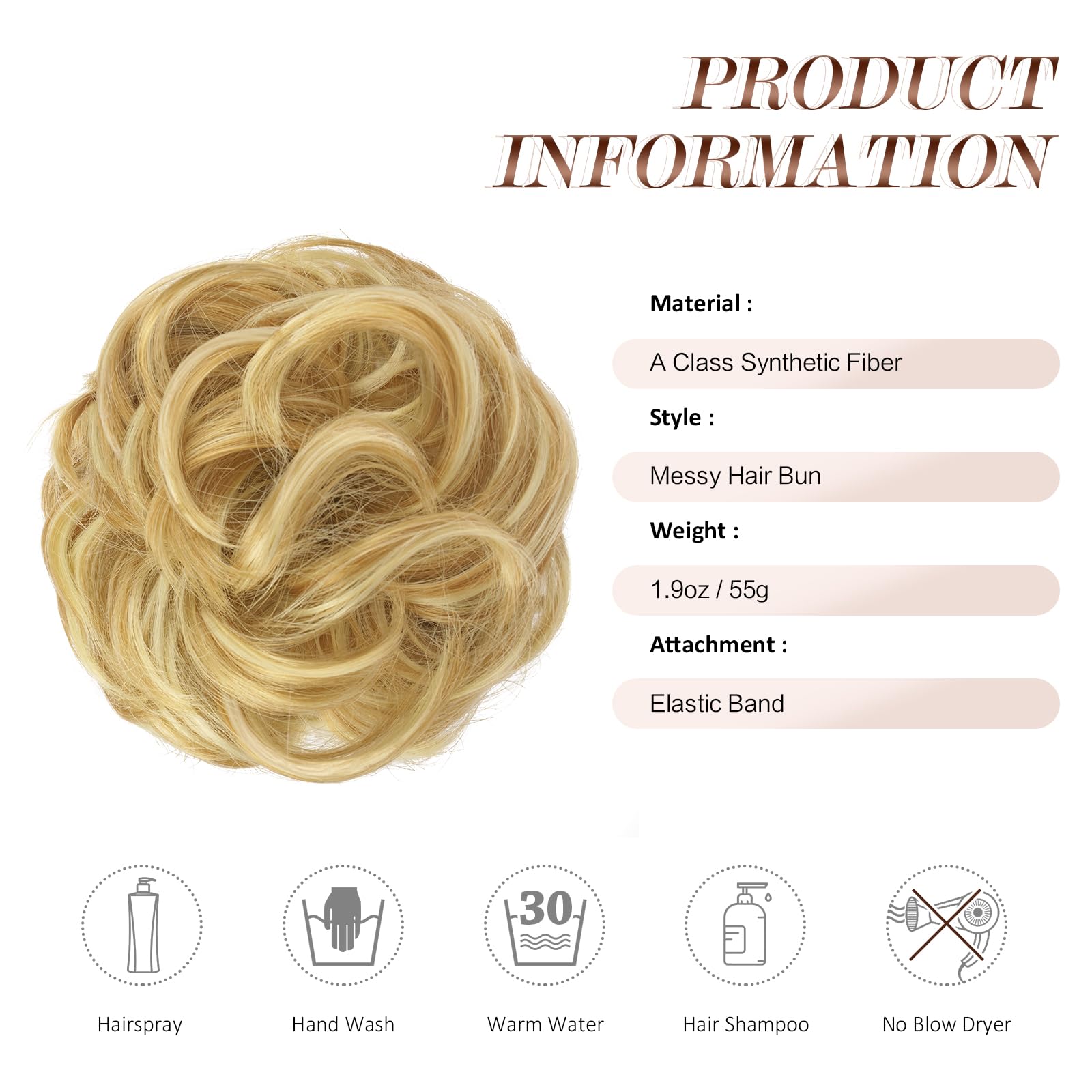 FESHFEN Messy Bun Hair Piece Curly Wavy Large Hair Bun Scrunchies Extensions Synthetic Strawberry Blonde & Bleach Blonde Tousled