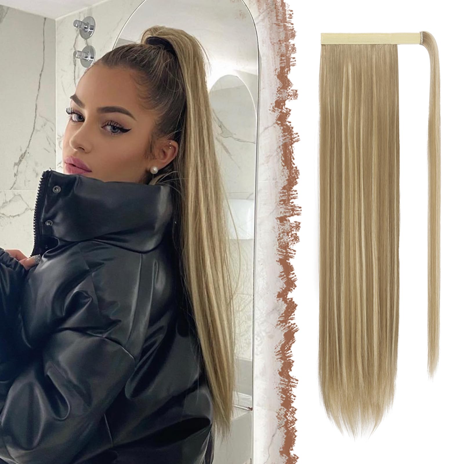 Feshfen Long Straight Ponytail Extensions Wrap Around Clip In Synthetic Ponytails Hair Piece Pony Tails Extensions Hairpieces Fo