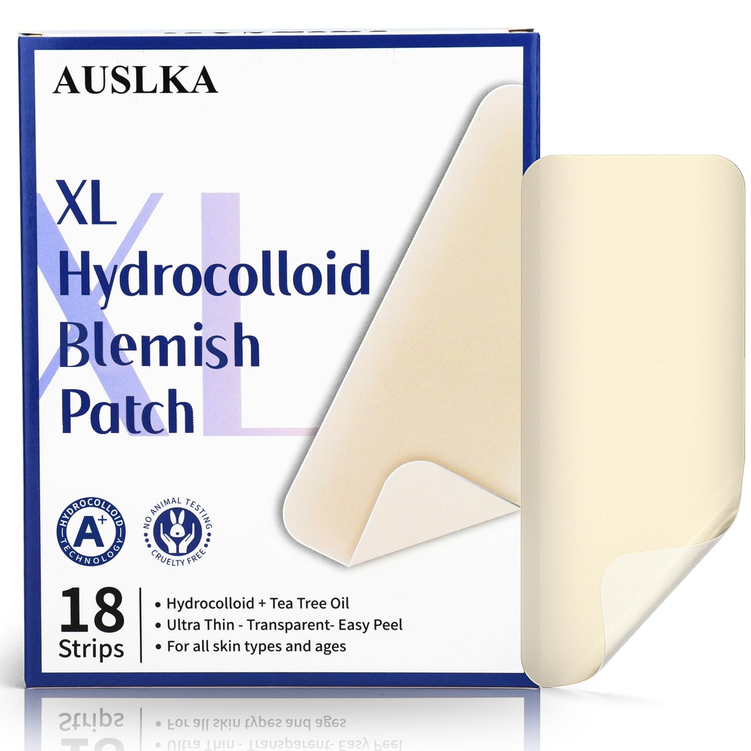 AUSLKA Large Blemish Patches XL -18 Strips - Hydrocolloid Patch for Covering Zits - Spot Stickers -Vegan and Cruelty for Face an