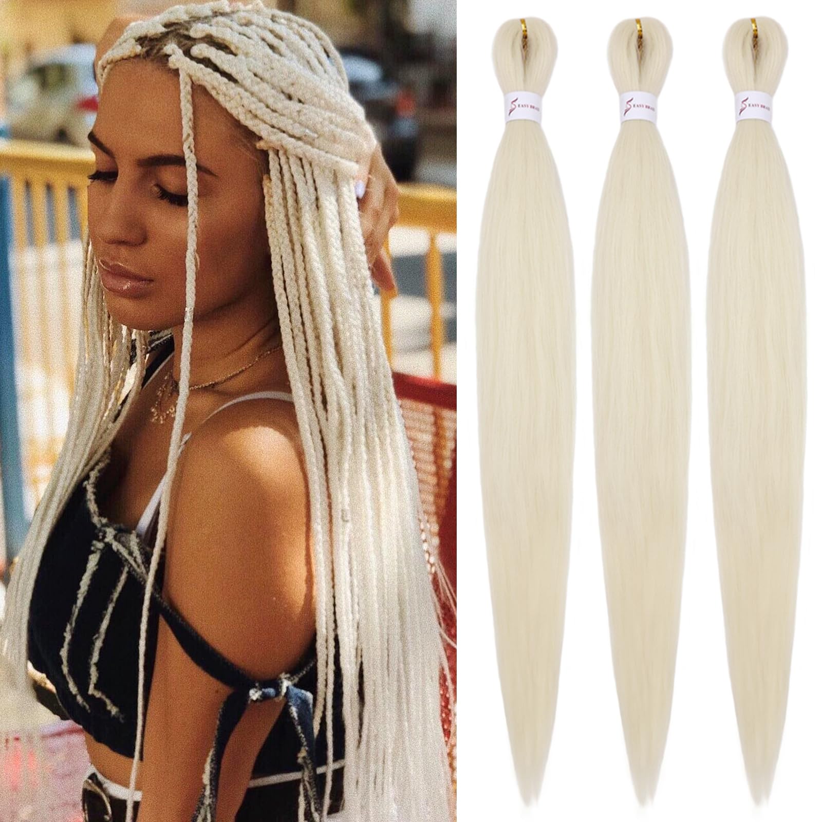 Iximii 613# Pre Stretched Braiding Hair 26 Inch 3 Packs Soft Pre-Stretched Kanekalon Braiding Hair Blonde Color Long Straight Sy