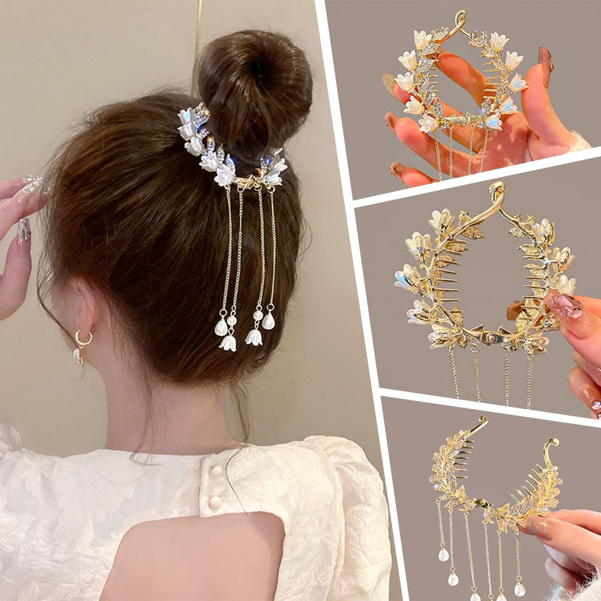 3 PCS Jewelry Rhinestone Hair Claw Clips for Women Long Tassel Hair Claw Clips Non Slip Hair Accessories Hair Barrettes Pearl Po