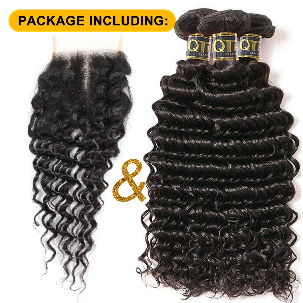 Qthair 12A Brazilian Deep Wave Bundles With Closure (16 18 20+14) 100% Human Hair 3 Bundles With Closure Wet And Wavy Curly Bund