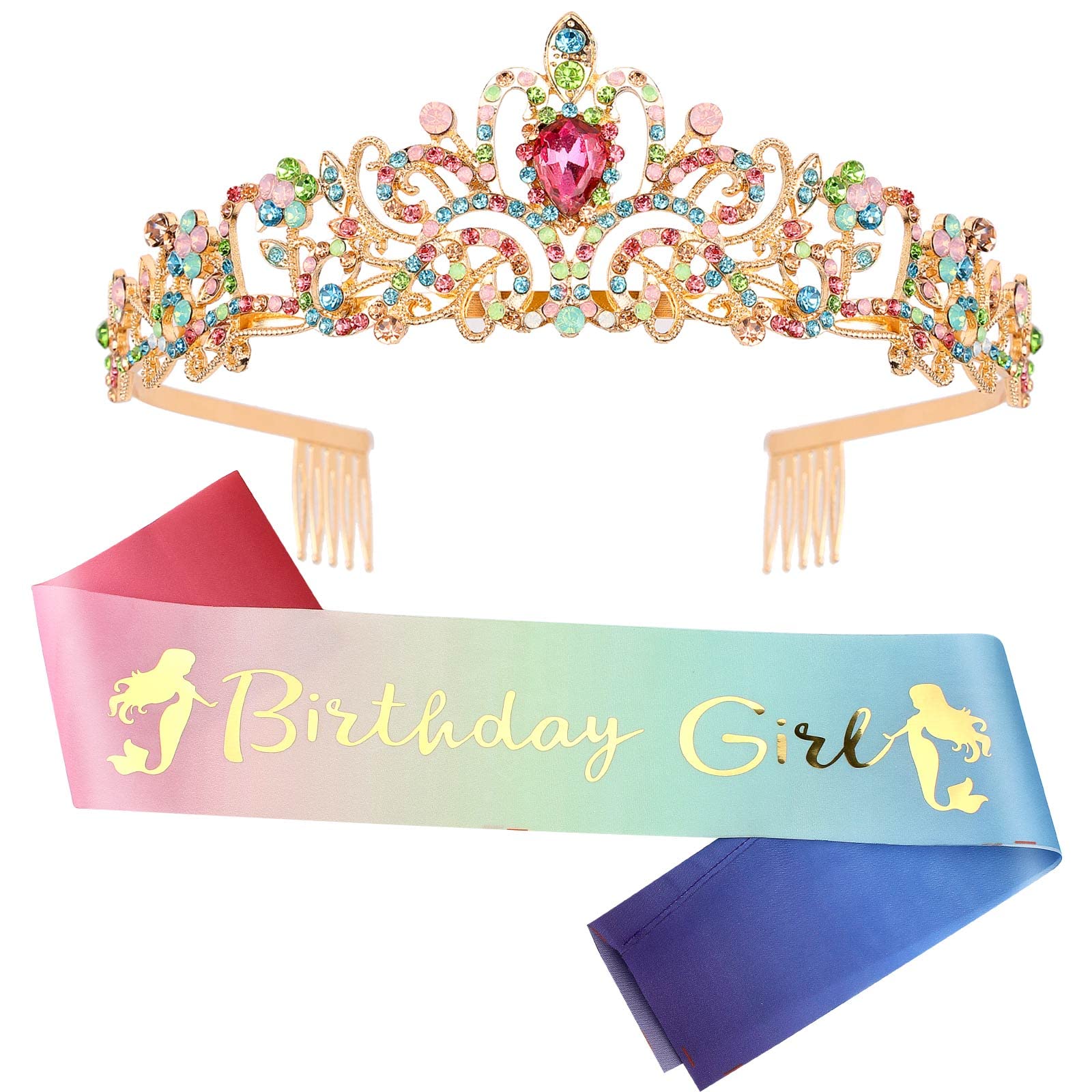 ''Birthday Girl '' Sash & Rhinestone Tiara Set Gold COCIDE Birthday Sash and Tiara for Women Birthday Decoration Kit Rhinestone