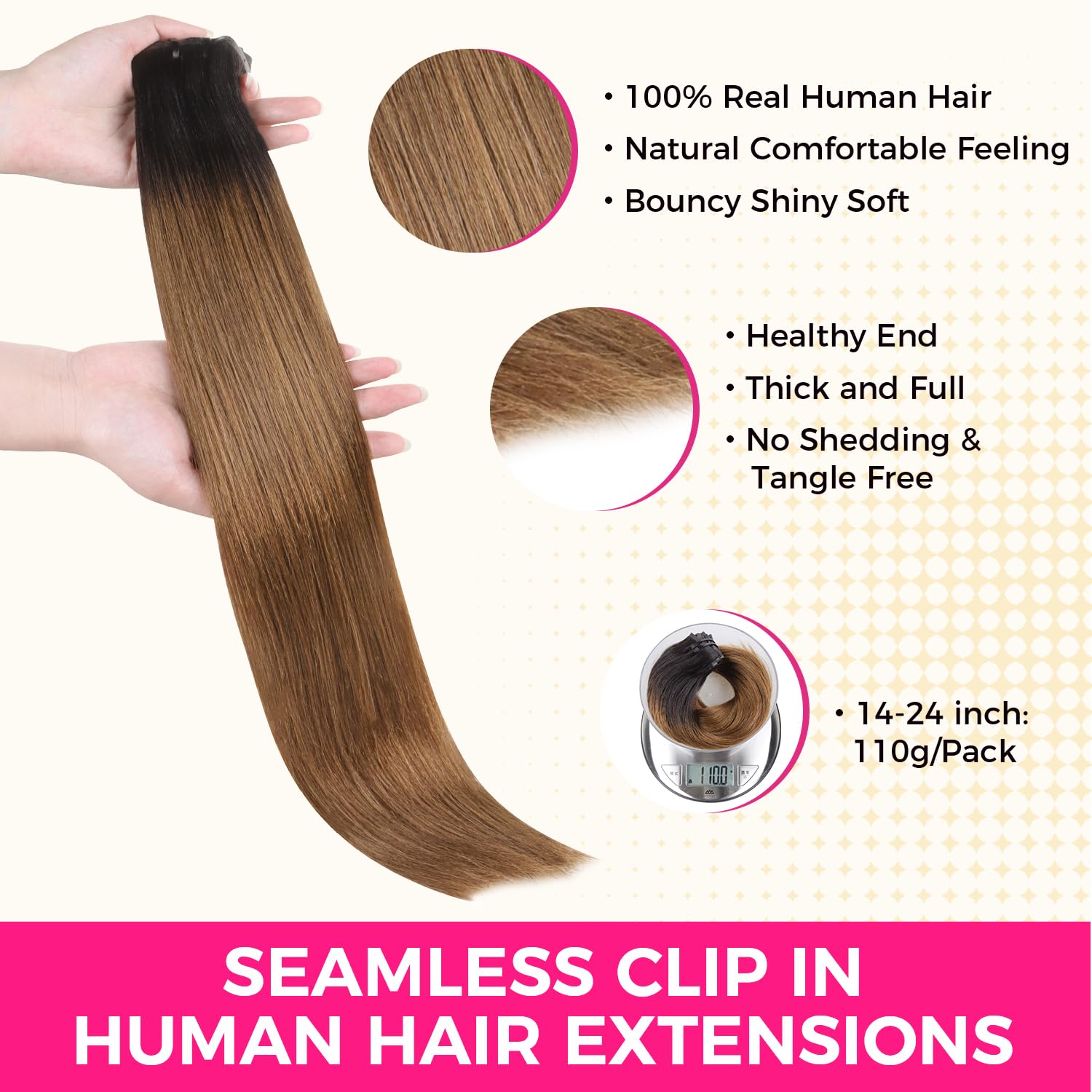 Lashey Clip In Hair Extensions 110G 7Pcs Yaki Straight Seamless Clip In Hair Extensions Human Hair For Women 18 Inch Ombre Natur