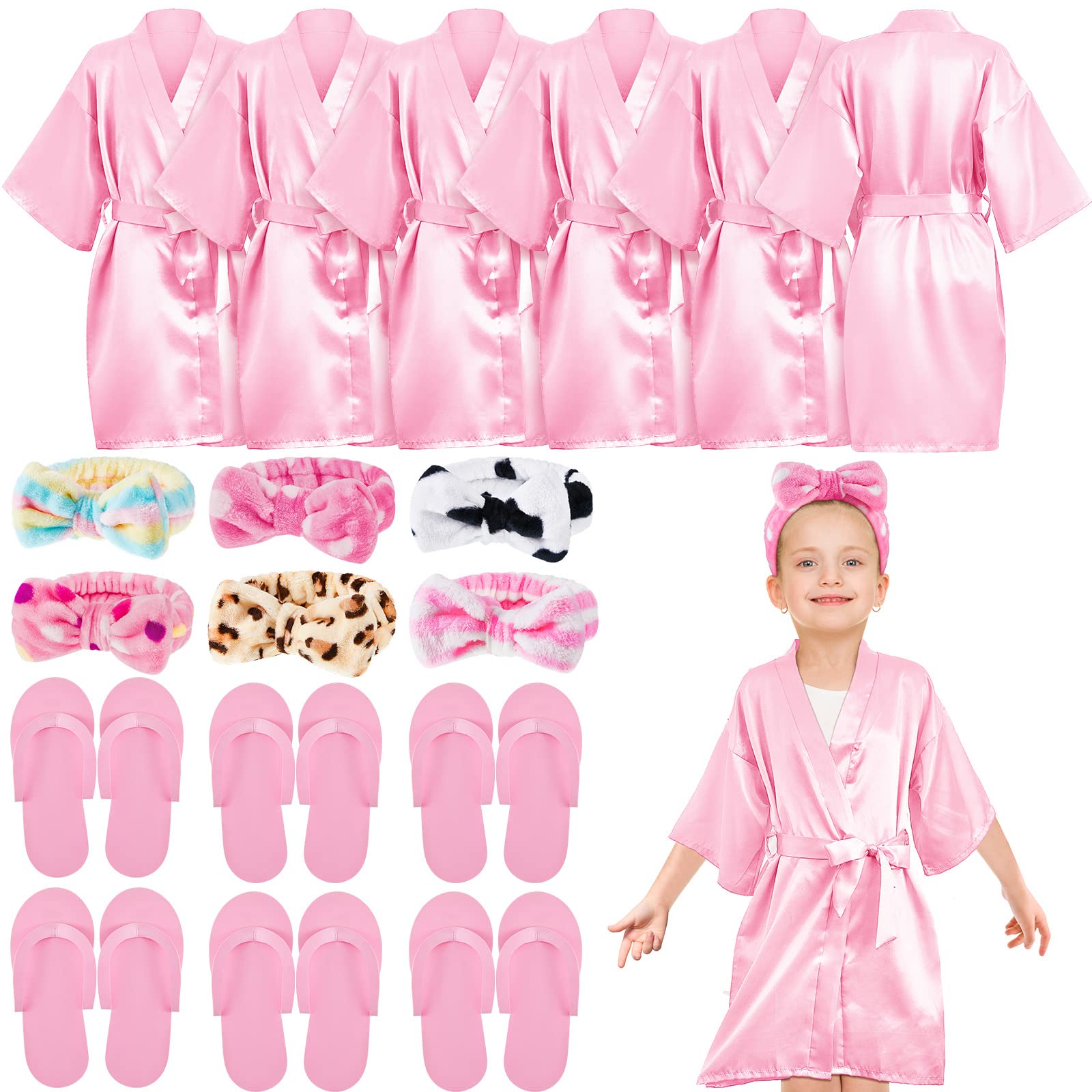 18 Pcs Spa Party Supplies For Girls 6 Satin Kimono Robe 6 Spa Headband 6 Disposable Foam Pedicure Slippers For Flower Girl Kid S