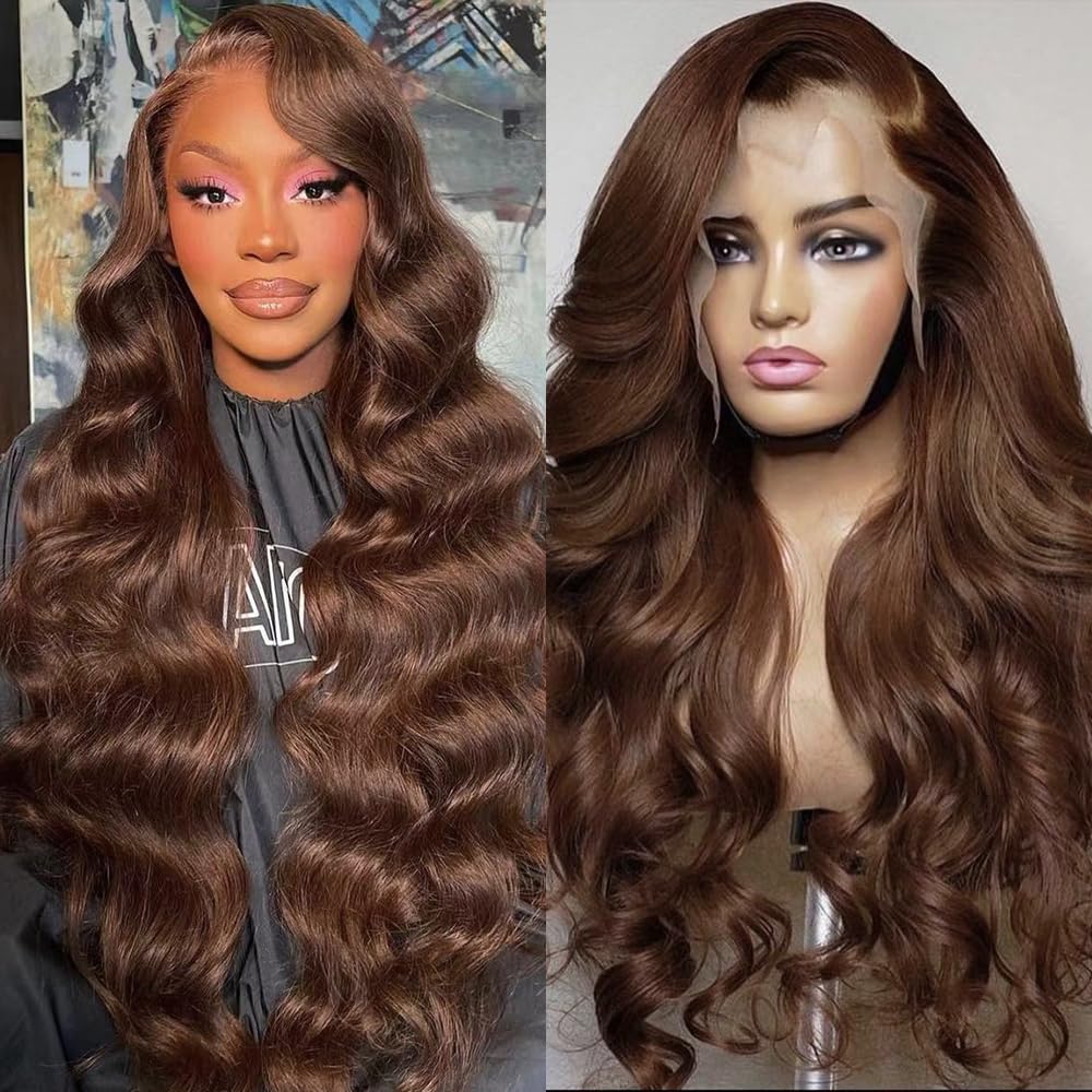 Avolo 28 Inch Chocolate Brown Lace Front Wig Human Hair 13x4 Body Wave Chocolate Brown Wig 4# Brown Colored Lace Front Wigs Huma