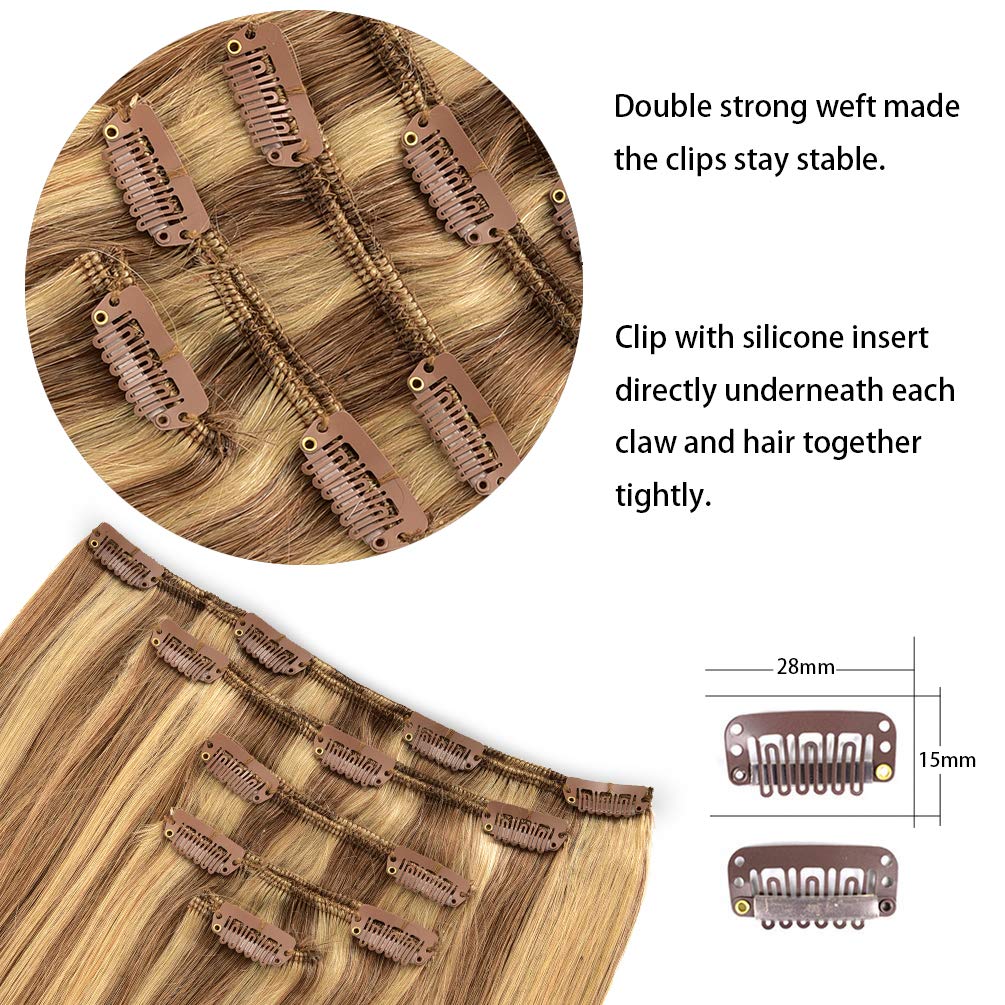 5 Pieces 18'' Remy Clip In Ombre Hair Extensions Human Hair Light Blonde Mixed Golden Blond Highlights - Silky Straight Long Thi