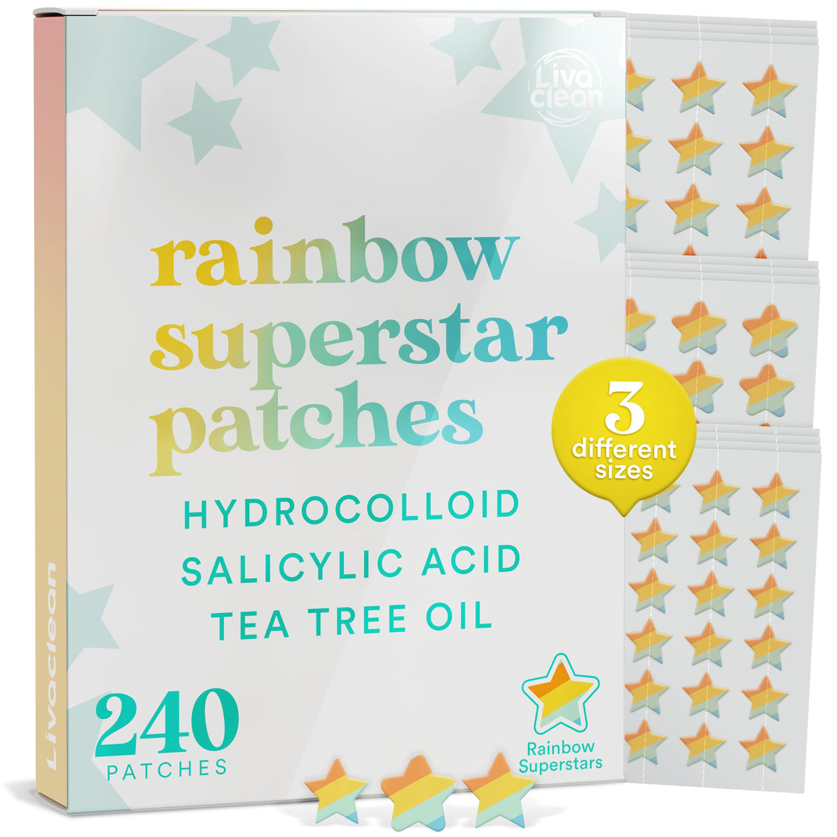 LivaClean 240 CT Rainbow Superstar Acne Patches w/Salicylic Acid & Tea Tree, Rainbow Star Patch Star Pimple Patch Pimple Patches