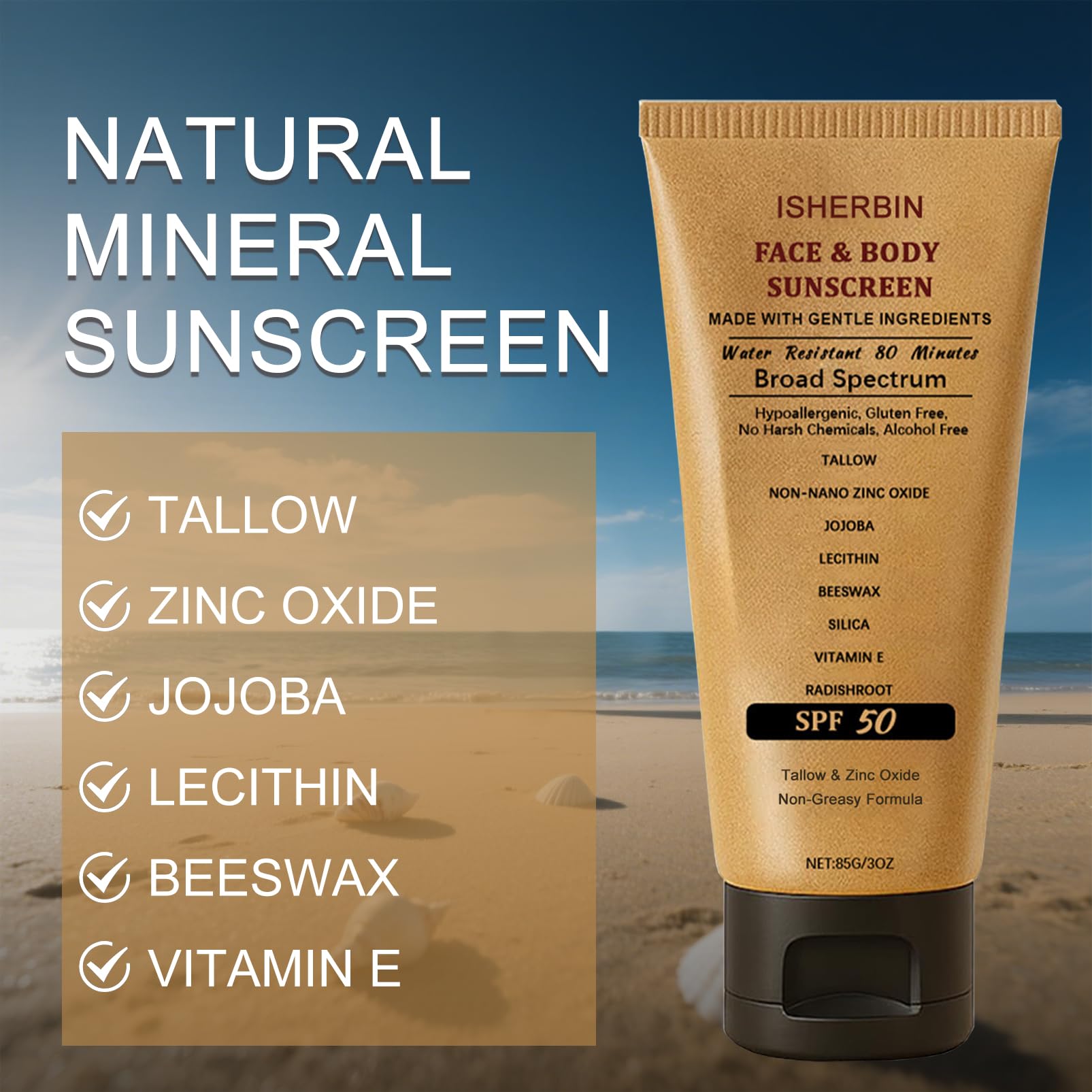 Beef Tallow Sunscreen with Zinc Oxide, Natural Mineral Sunscreen for Face, SPF50 Sunblock Beef Tallow for Skin Non Greasy Clean,