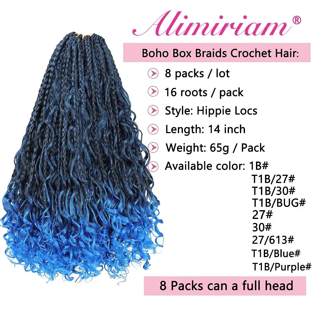 Boho Box Braids Crochet Hair 14 Inch 8 Packs Blue Box Braid Crochet Hair With Curly Ends Goddess Box Braids Crochet Hair Extensi