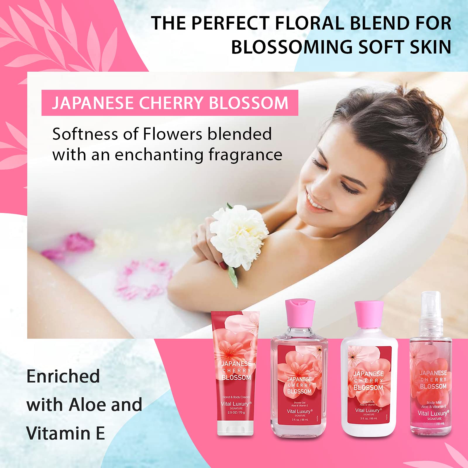 Bath And Body Care Gift Set For Women And Girls, Personal Self-Body Care Travel Set, Japanese Cherry Blossom Spa Home Set With N