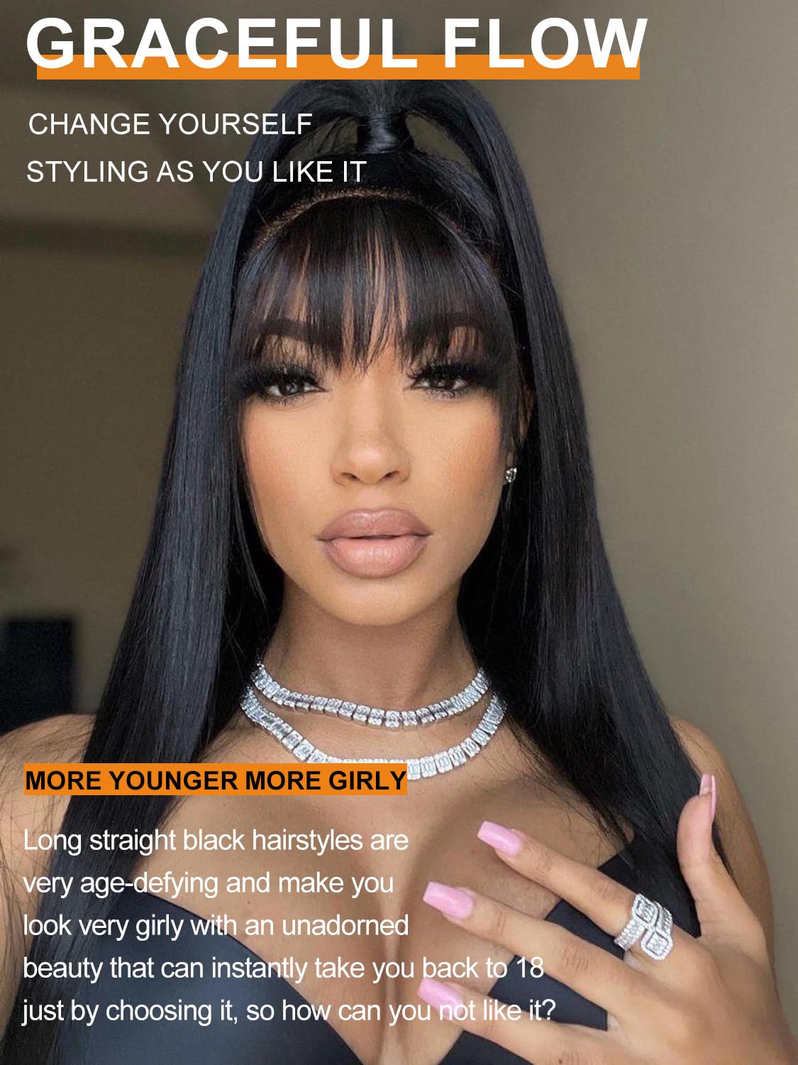 Amarlis Black Wigs For Women, Long Straight Natural Black Wig With Bangs Soft Synthetic Heat Resistant Fiber Wig For Cosplay Dai