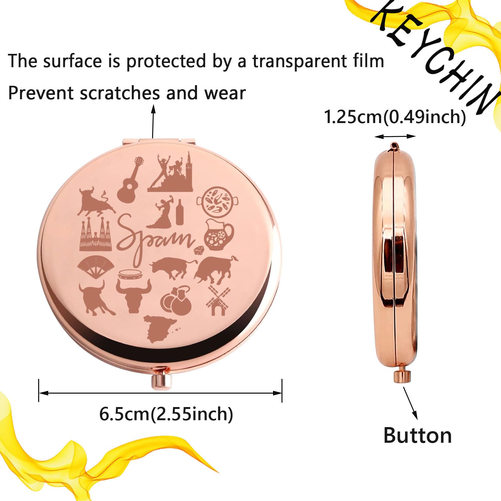 Keychin Spain Travel Pocket Mirror Spain Barcelona Vacation Gift Spain Trip Compact Makeup Mirror Spanish Honeymoon Gift (Spain-