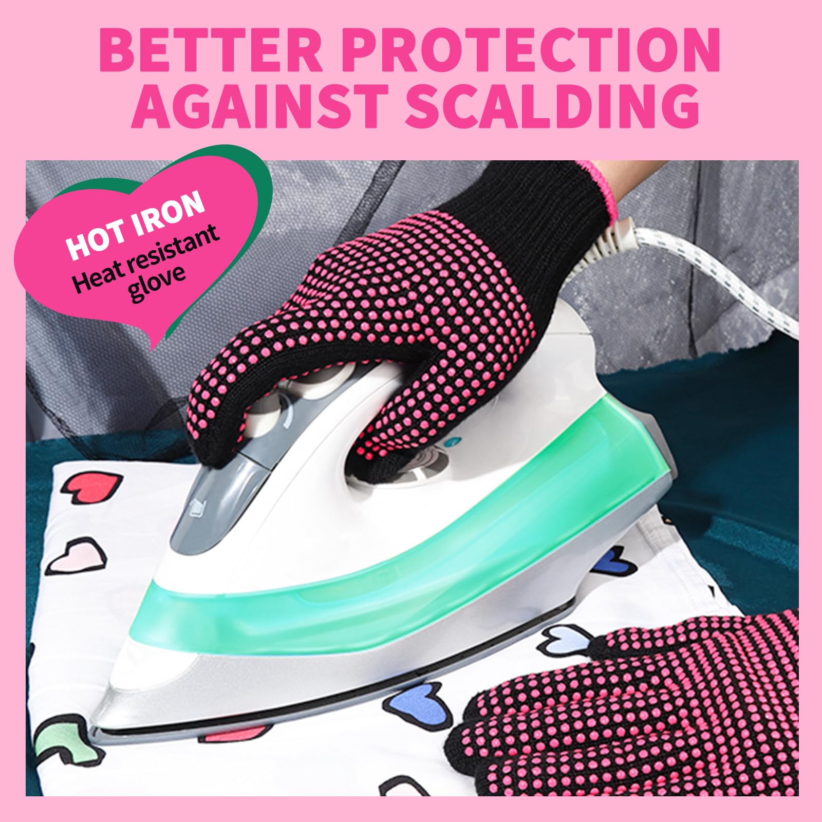 Teenitor 2 Pcs Heat Resistant Gloves With Silicone Bumps, Professional Heat Proof Glove Mitts For Hair Styling Curling Iron Wand