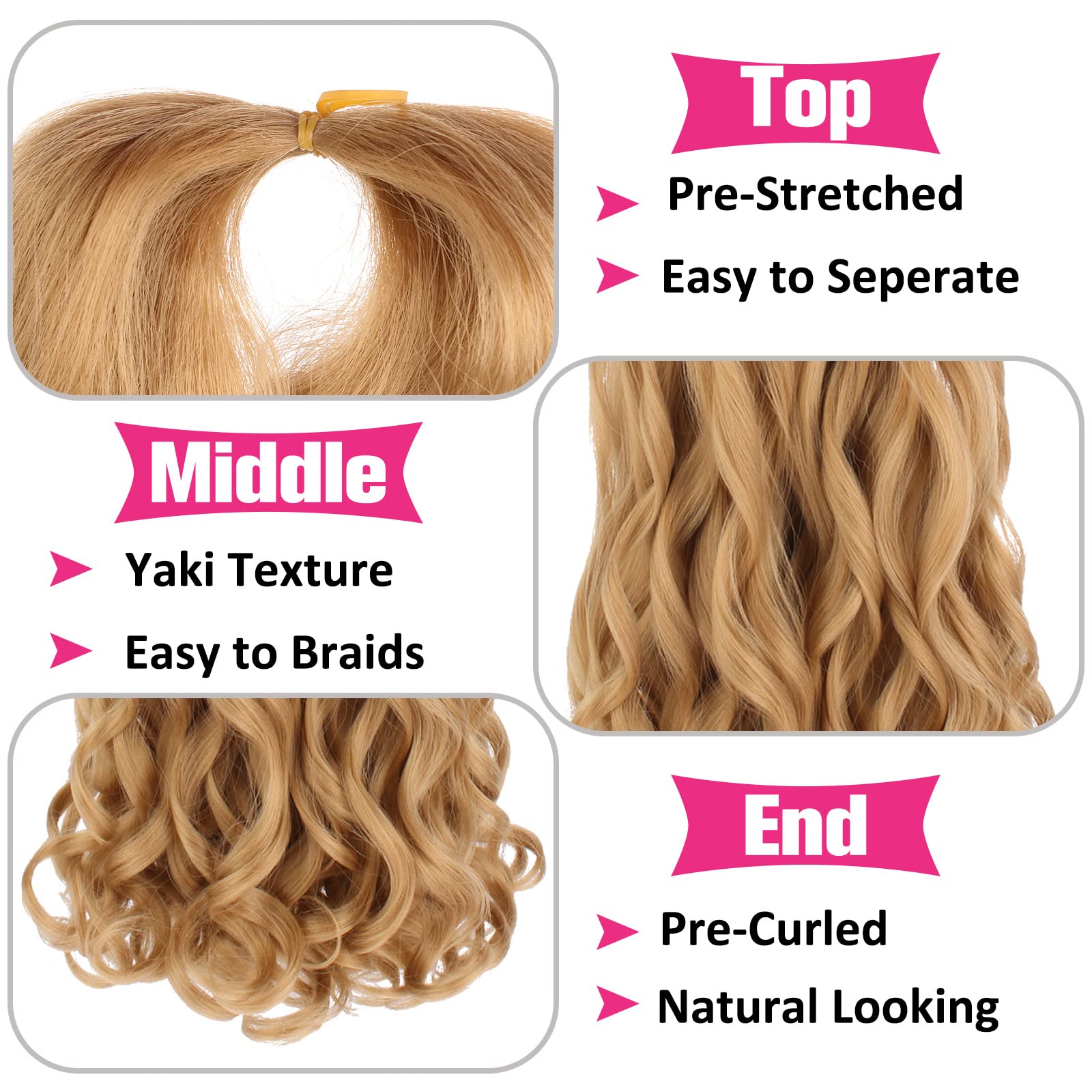 Unionbeauty 30 Inch French Curly Braiding Hair 8 Packs Pre-Stretched Bouncy Braiding Hair Blonde Spanish Curls Braids Loose Wavy