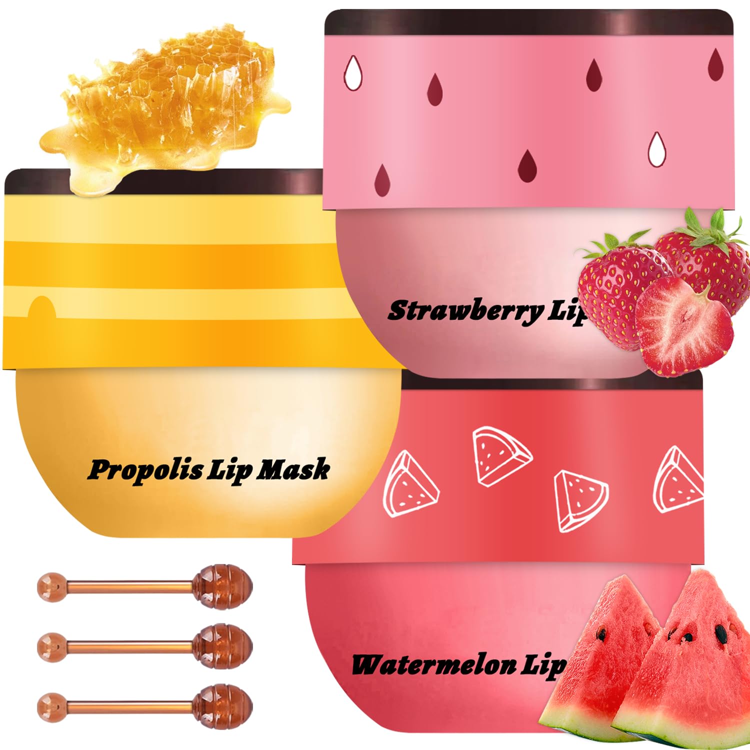 3 Pcs Bee Lip Balm Honey Pot, Honey Strawberry Watermelon Lip Mask Overnight, Moisturizing Sleeping Lip Mask, Hydrate Repair Pre