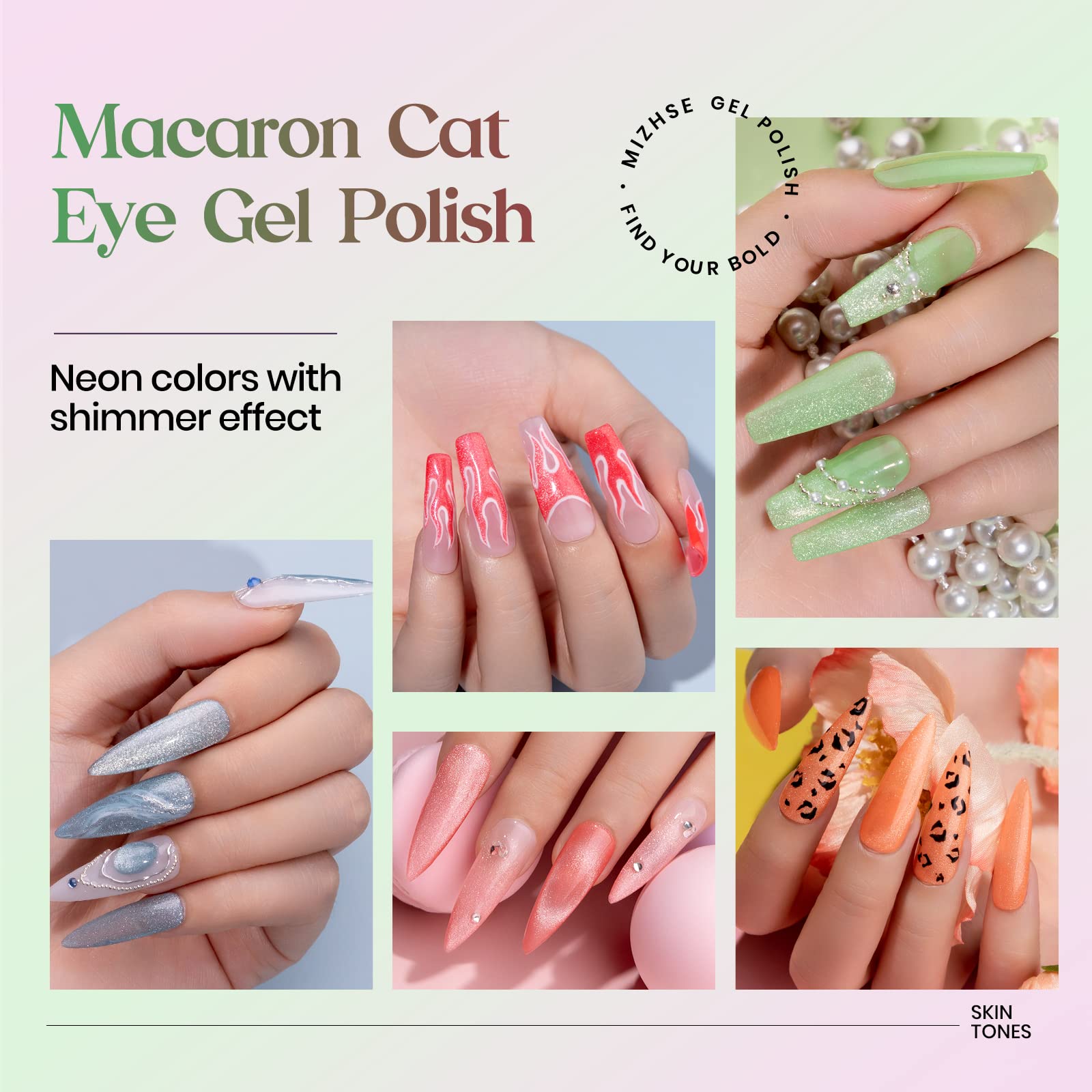 Mizhse Glow In The Dark Gel Nail Polish, Cat Eye Gel Polish, Macaroon Gel Nail Polish Colors Set, Shimmer Nail Gel Soak Off Nail