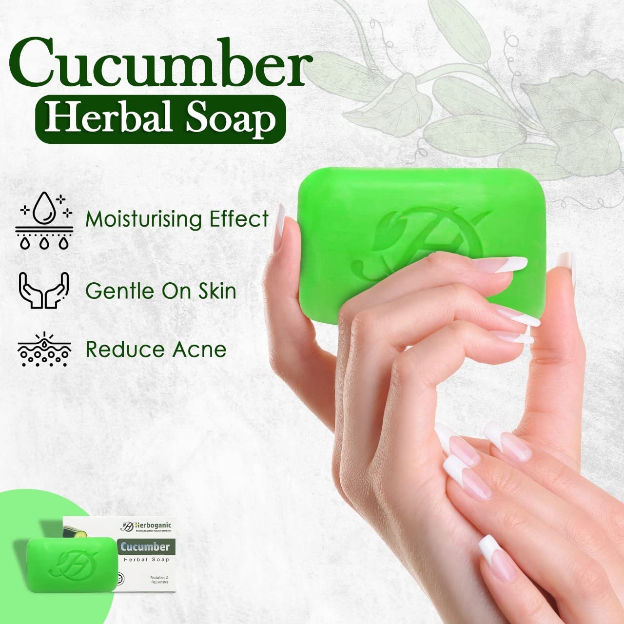 HERBOGANIC Cucumber Herbal Soap | Pack of 3 of 5oz soap Bar | Natural Bar Soap for Face and Body | Hydrating and Nourishing | Su