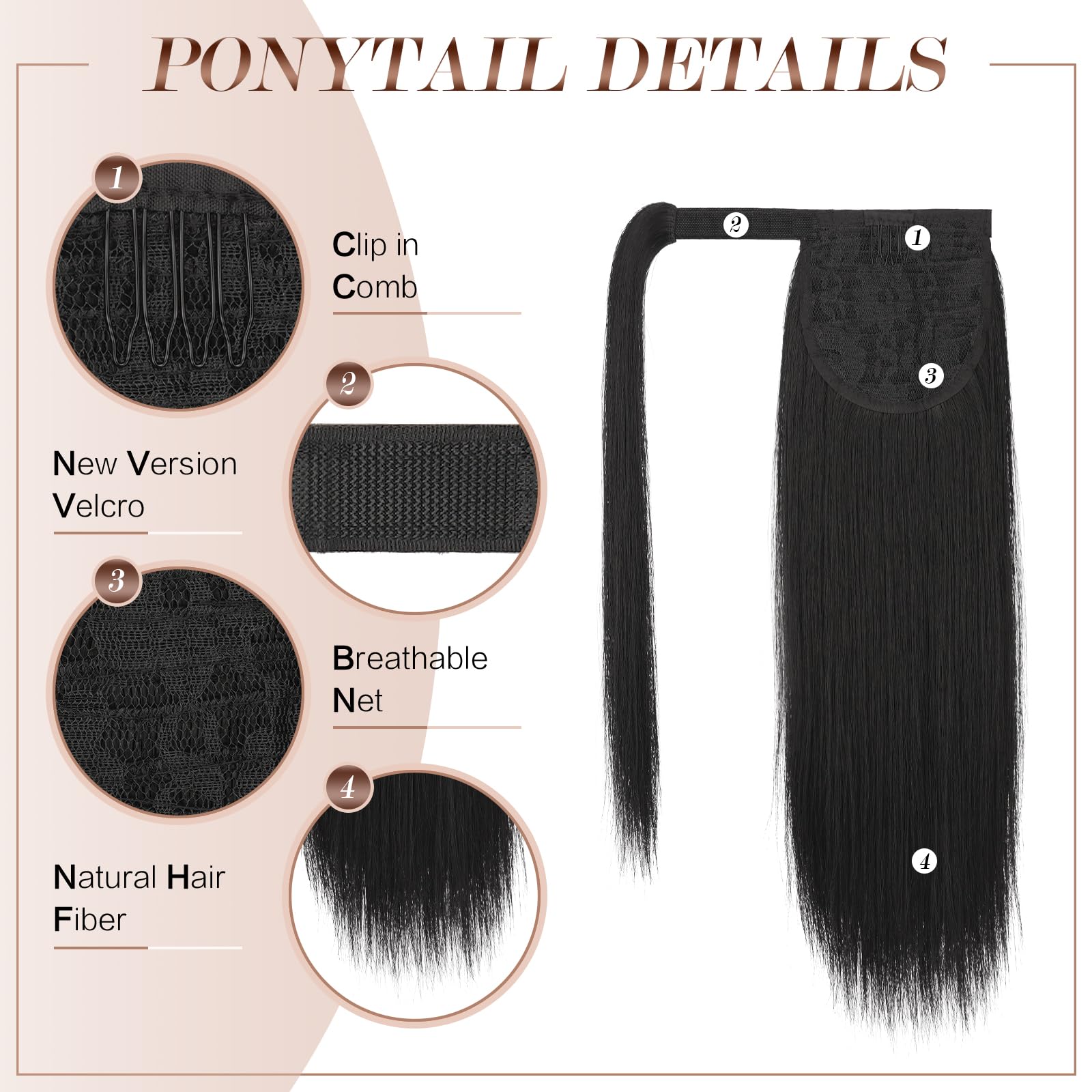 Feshfen Straight Ponytail Extension 18 Inch Natural Long Ponytails Wrap Around Clip In Pony Tail Hair Piece Synthetic Hairpieces