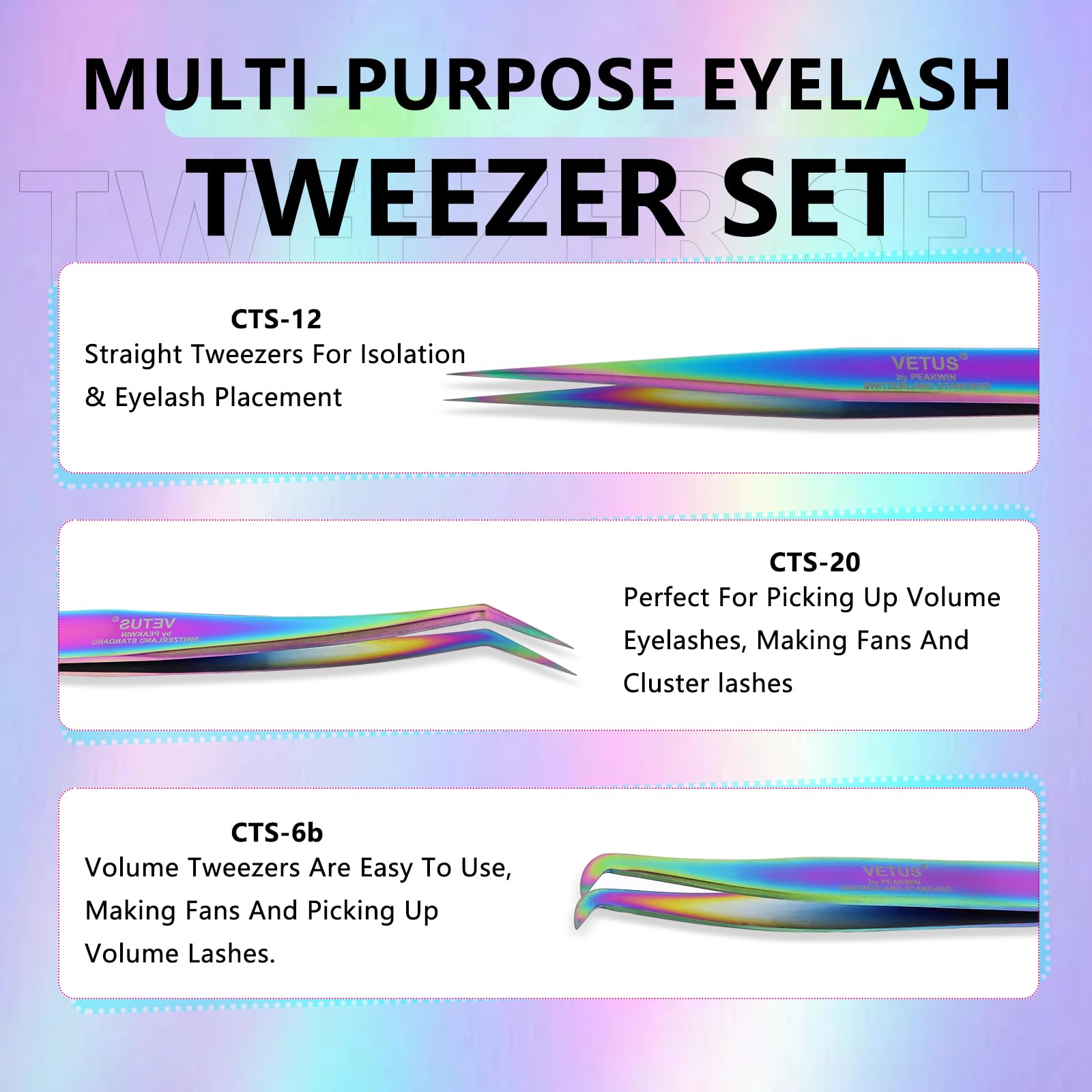 Emeda 3Pcs Lash Tweezers Set - High Precision Stainless Steel Tweezers For Eyelash Extensions, Straight And Curved Tweezers For