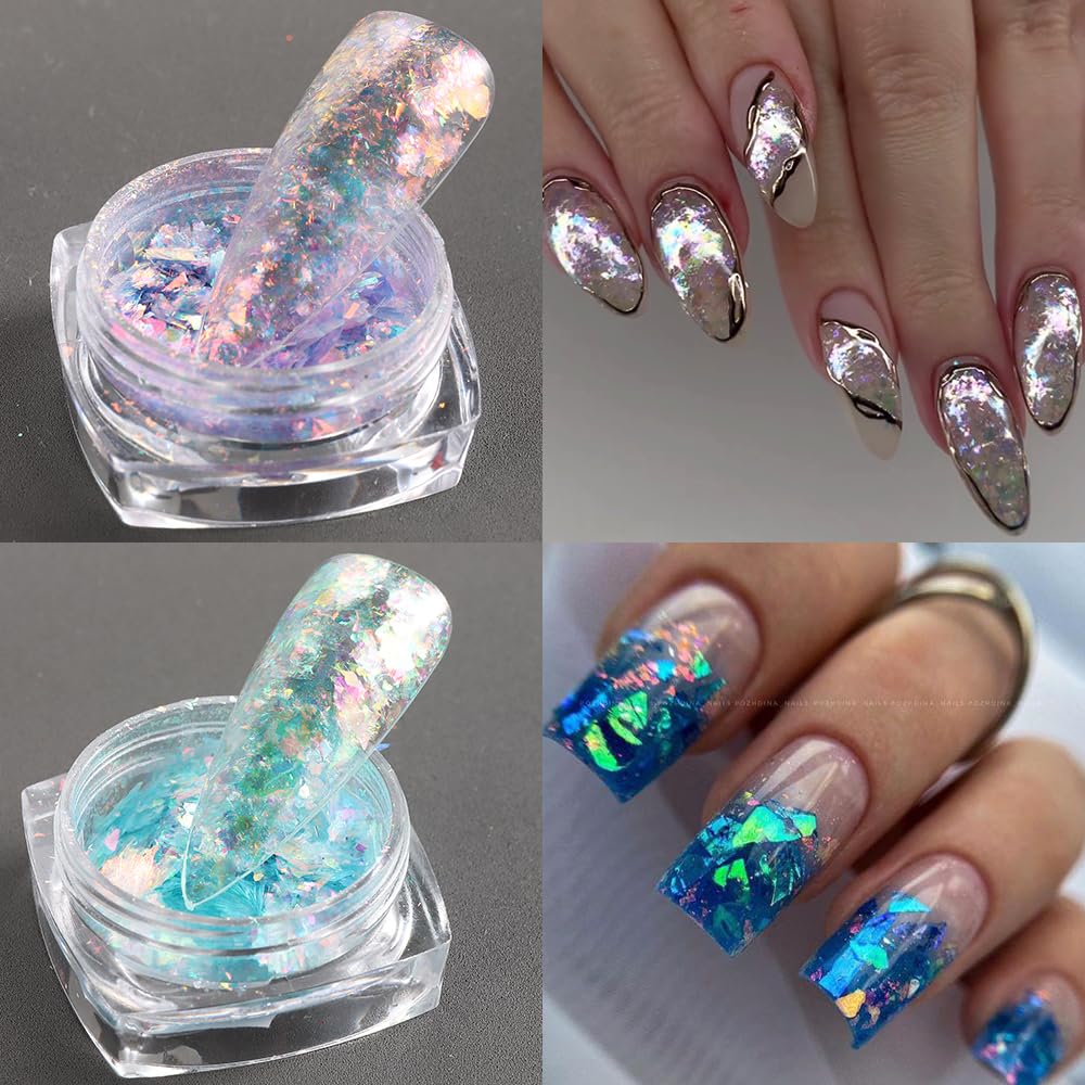 Fcozpjk Opal Nail Art Glitter Flakes, 6 Boxes Holographic Chunky Glitter Flakes Kit, Aurora Effect For Nails, Chameleon Nail Fla