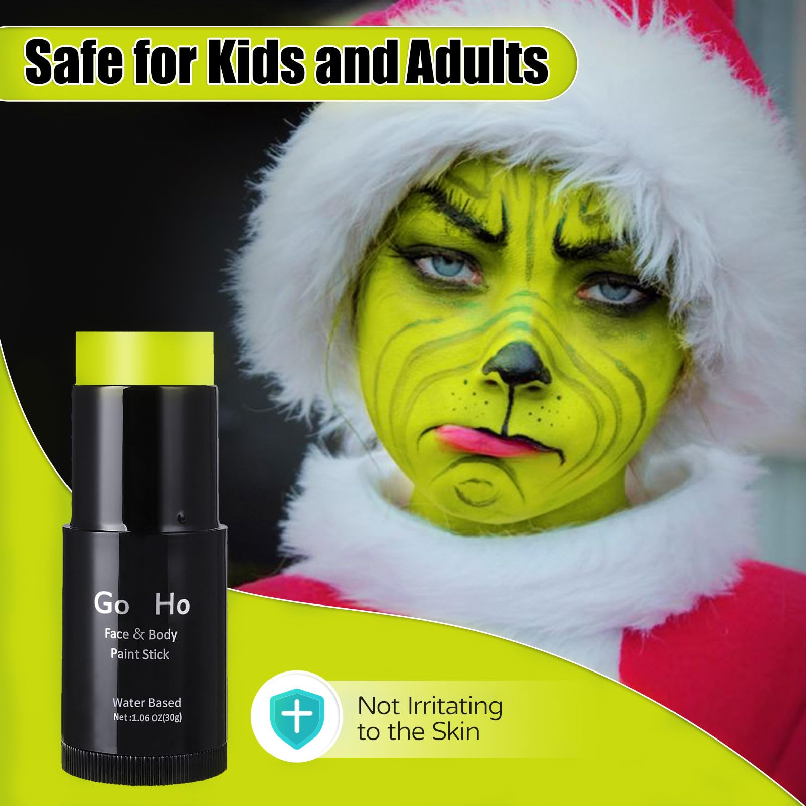 Go Ho Ogre Green Face Paint Stick,Water Based Washable Face Body Paint,Non-Toxic Full-Coverage Cream Ogre Green Body Paint For A