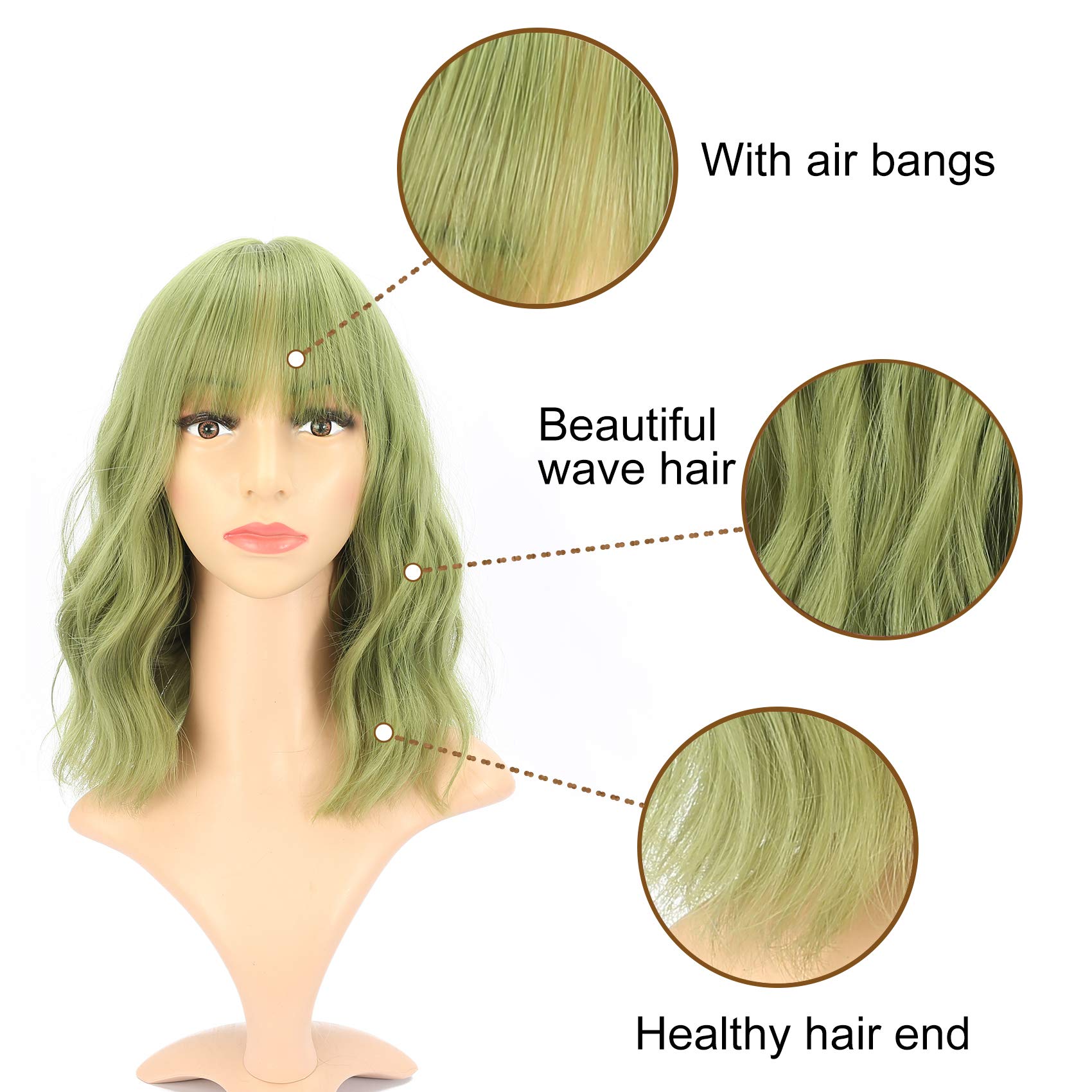 Vckovcko Natural Wavy Wig With Air Bangs Short Bob Matcha Green Wigs Women'S Shoulder Length Wigs Curly Wavy Synthetic Cosplay W