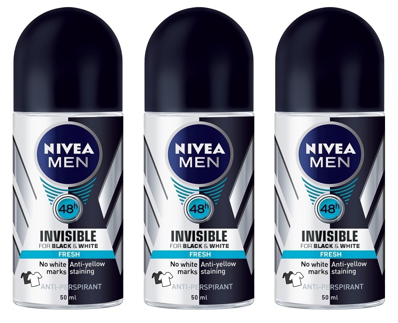 (Pack Of 3 Bottles) Nivea Invisible For Black & White Fresh Scent Men'S Roll On Anti-Perspirant Deodorant (Pack Of 3 Bottles, 1.