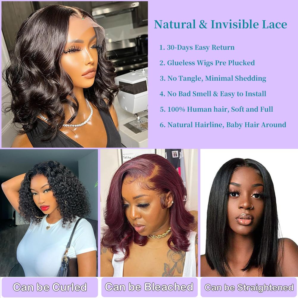 13X4 Body Wave Hd Lace Front Wigs Human Hair 180% Density Glueless Bob Wigs Human Hair Pre Plucked Short Bob Wigs For Black Wome