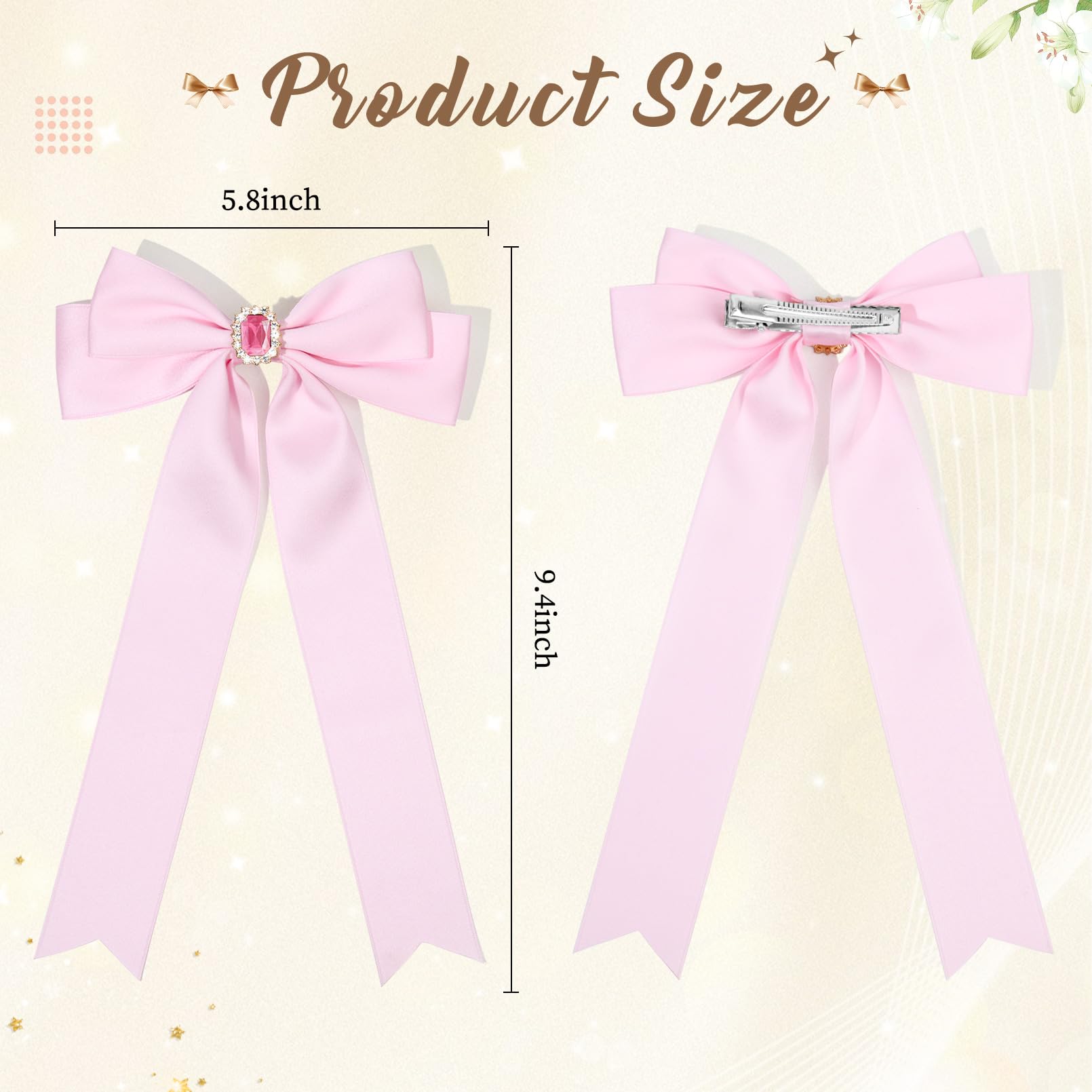 2Pcs Hair Bows For Women Hair Clip Beige Pink Hair Ribbon Rhinestone Hair Accessories Glitter Bowknot Long Hair Barrettes For Wo