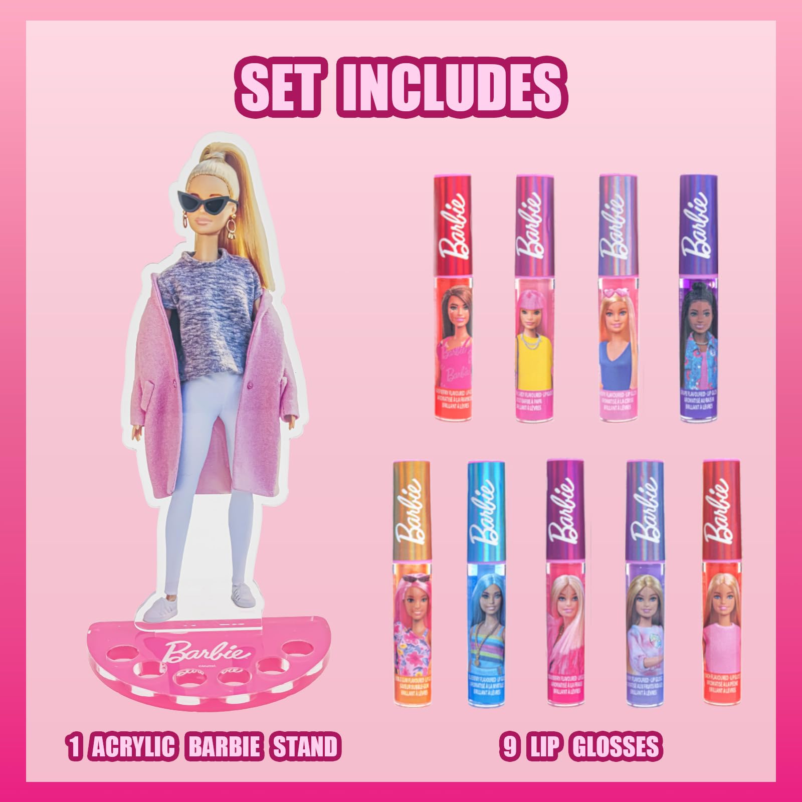 Barbie Lip Gloss with Acrylic Stand for Storage and Display, Plant Based Lip Gloss, Perfect for Parties, Sleepovers, Makeovers,