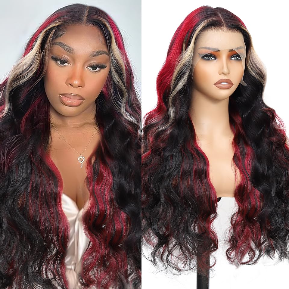 Aolvoblees Red Blonde Black Skunk Stripe Human Hair Wig Highlight Burgundy Ombre 250% Density 13X4 Body Wave HD Lace Front Front