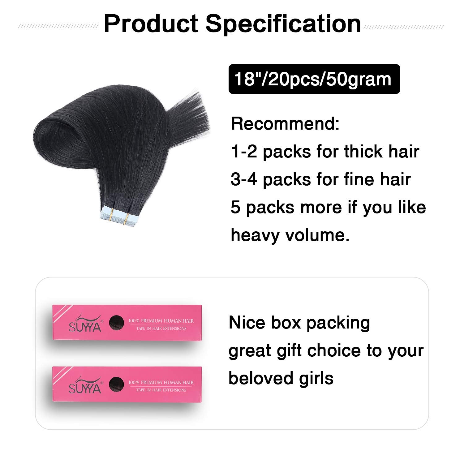 Suyya Tape In Hair Extensions Human Hair 18 Inches 50G/Pack 20Pcs Straight Seamless Skin Weft Jet Black Tape Hair Extensions (18
