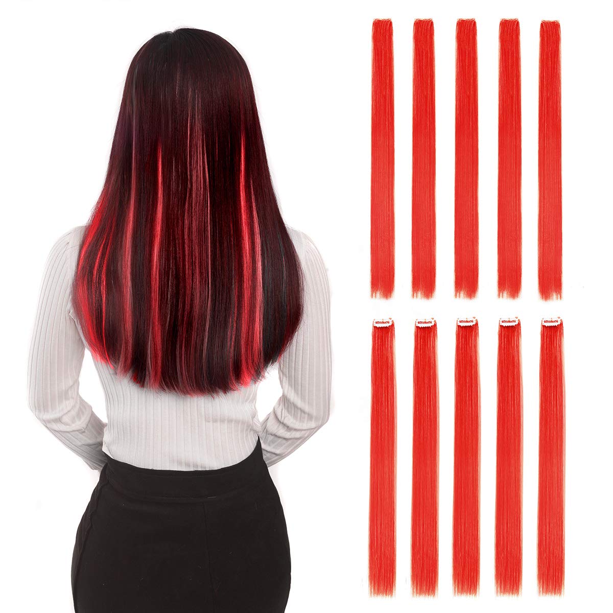 Colored Clip in Hair Extensions 22'' 10pcs Straight Fashion Hairpieces for Party Highlights Red