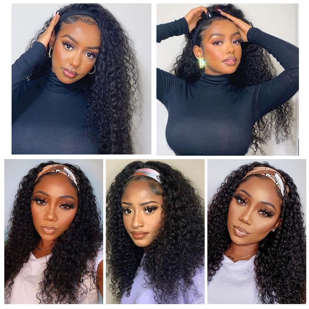 NICMISS Deep Wave Headband Wig Human Hair 16 Inch Curly Headband Wigs for Black Women Human Hair Glueless None Lace Front Wig Br