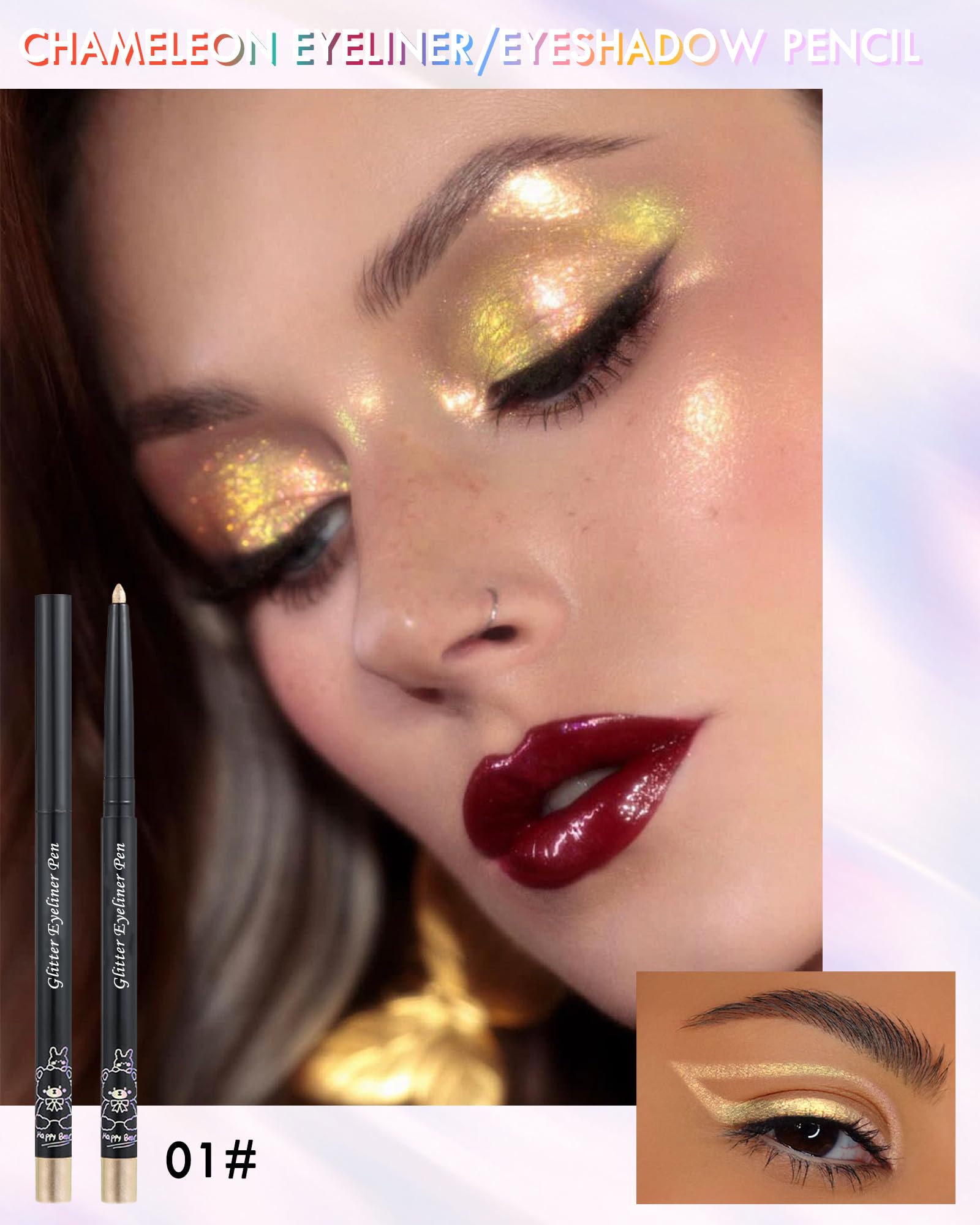 Colored Glitter Eyeliner Pencil, Chameleon Matte Metallic Eyeliner Pen Eyeshadow, Silver Shimmer Retractable Eyeliner Waterproof