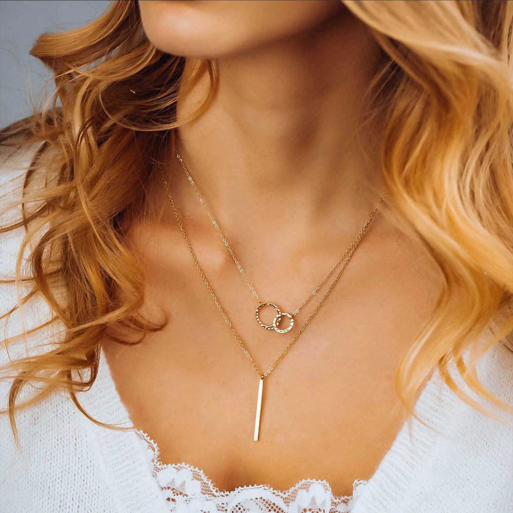 Aisansty Layered Circle Bar Pendant Choker Necklace for Women Dainty Gold Plated Linked Circle Long Layering Chain Necklaces Set