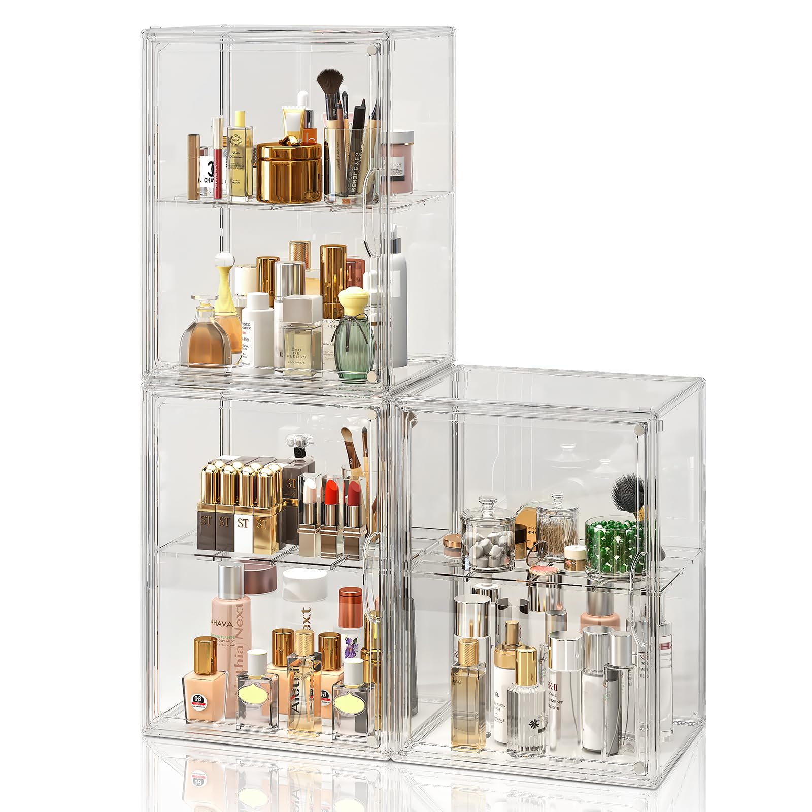 MSHOMELY Makeup Storage Organizer 3 Packs Arcylic Cosmetic Display Case, Perfume Organizer with Division Board, Bathroom Counter