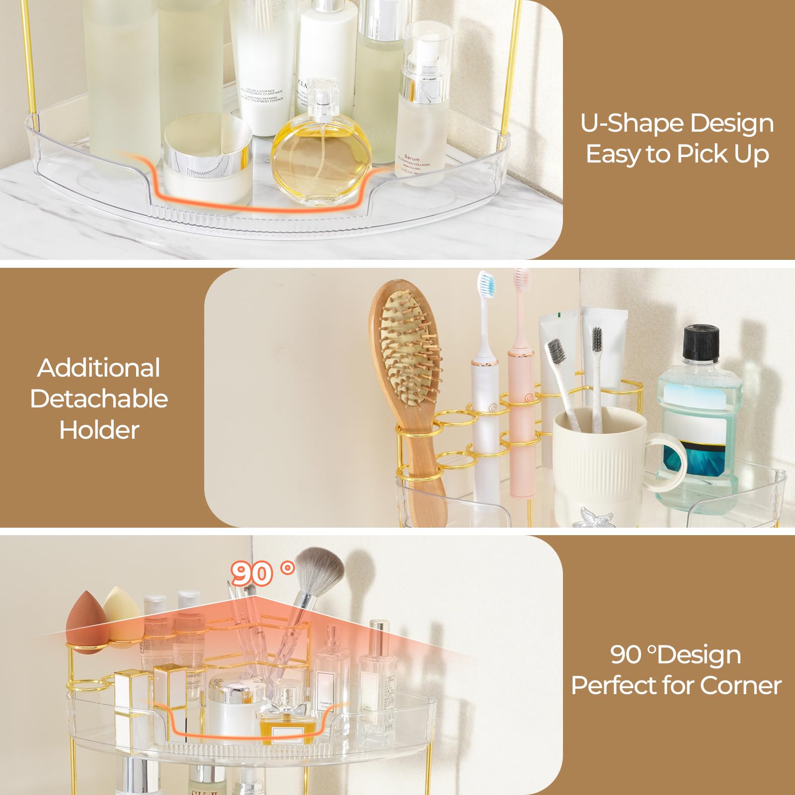 FELIZHOUSE 3-Tier Makeup Organizer for Vanity & Bathroom Countertop - Acrylic Storage Shelf with Perfume Tray & Makeup Brush Hol