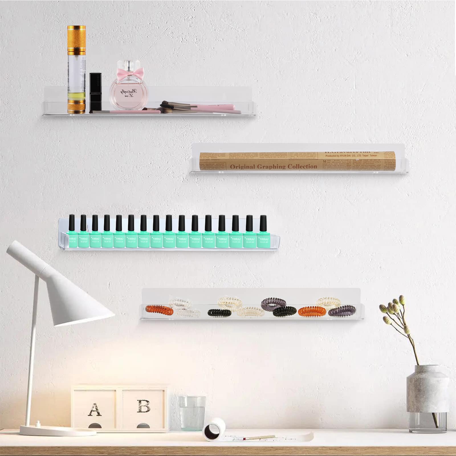 8 Pack Nail Polish Rack Wall Mounted Shelf With Removable Anti-Slip End Inserts, Clear Acrylic Nail Polish Organizer Wall Rack D