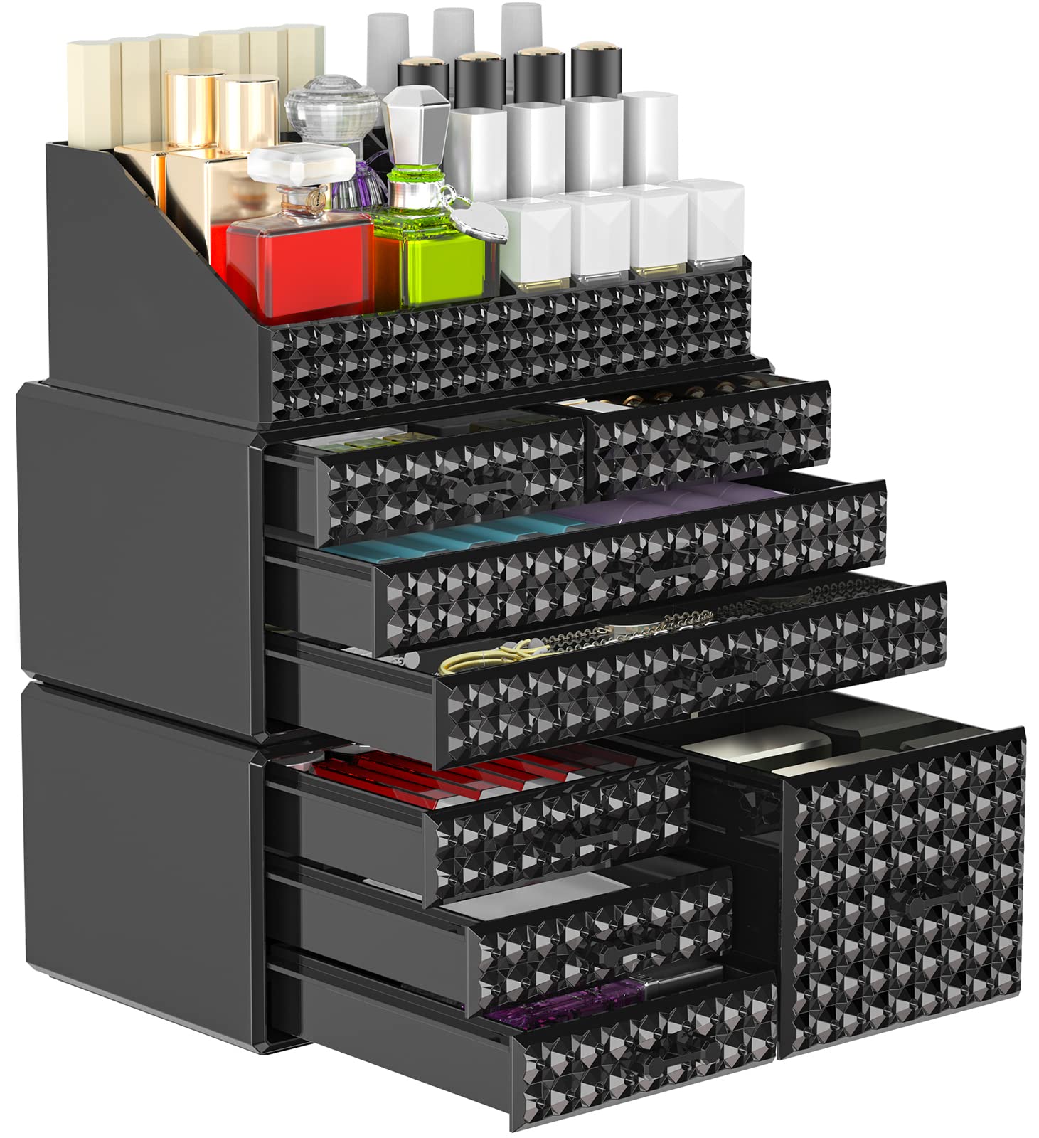 3 Pack Makeup Organizer Stackable[Upgraded], Acrylic Cosmetics Storage Cases With 8 Drawers Perfume Organizers For Brush Holder