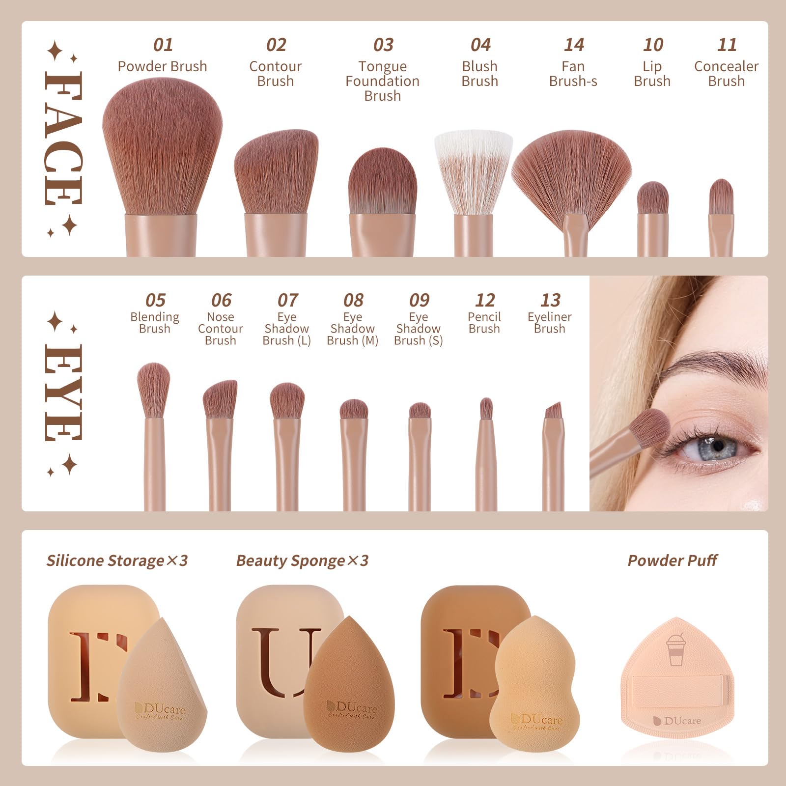 DUcare Makeup Brushes 14Pcs Coffee Series Makeup Brush set with Makeup Sponges Valentines Day Gifts Foundation Blending Face Pow