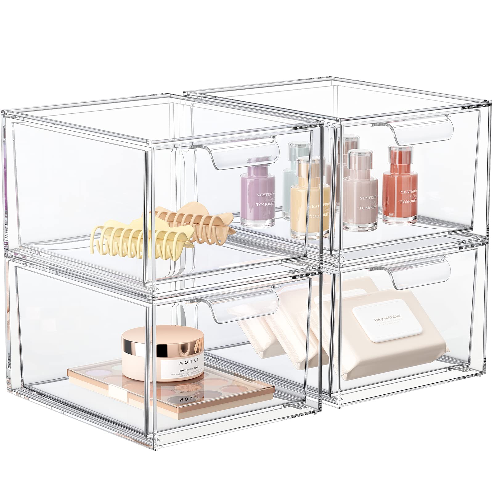 Spacehacks 4 Pack Stackable Makeup Organizer And Storage, Acrylic Organizers,Clear Plastic Storage Drawer With Handles For Vanit