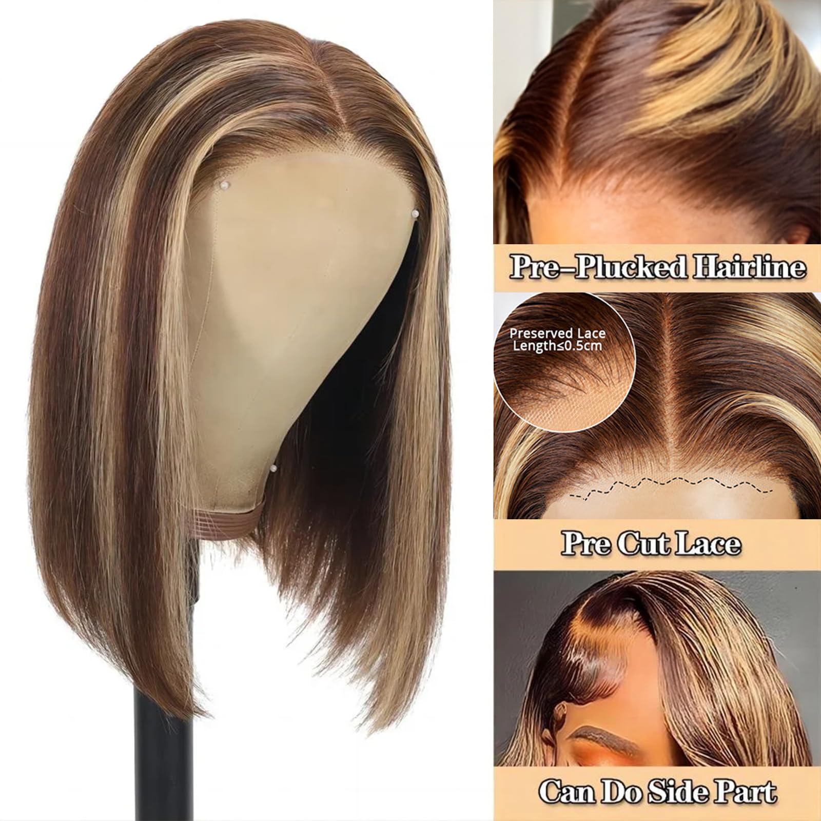 Wear And Go Glueless Bob Wig Human Hair Pre Cut 4/27 Ombre Highlight Bob Wig Human Hair Glueless 4X4 Hd Lace Closure Glueless Wi