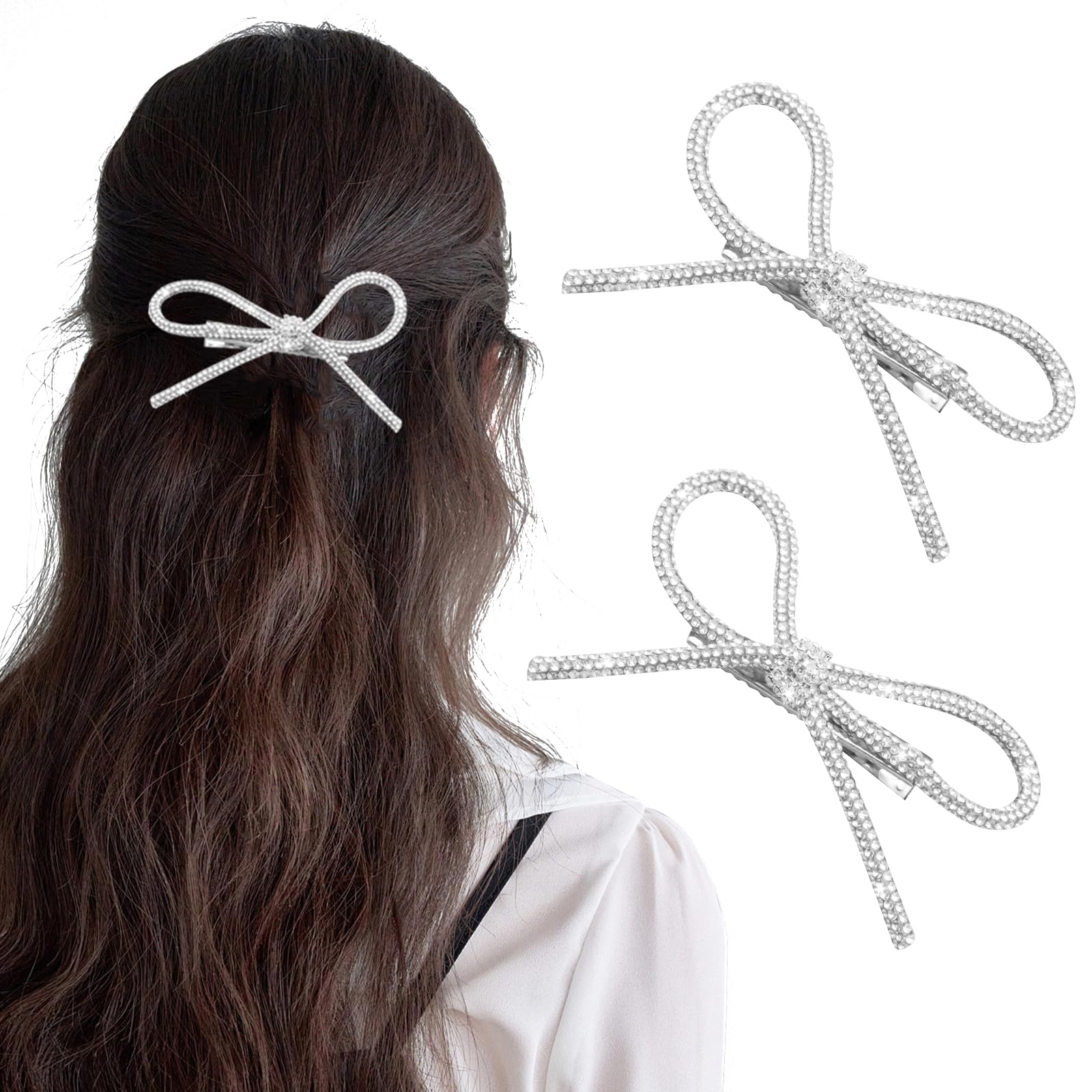 2Pcs Bow Hair Clips, Rhinestone Hair Clips Silver Glitter Crystal Bows Clips for Women, Hair Bow Clips Rhinestones Sparkle Bow H